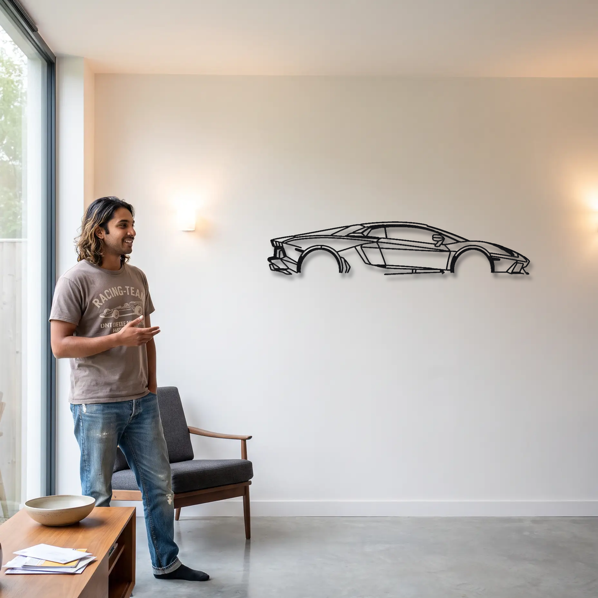 2013 Lamborghini Aventador LP720-4 50 Anniversario LP720-4 metal wall art shown to scale beside a person