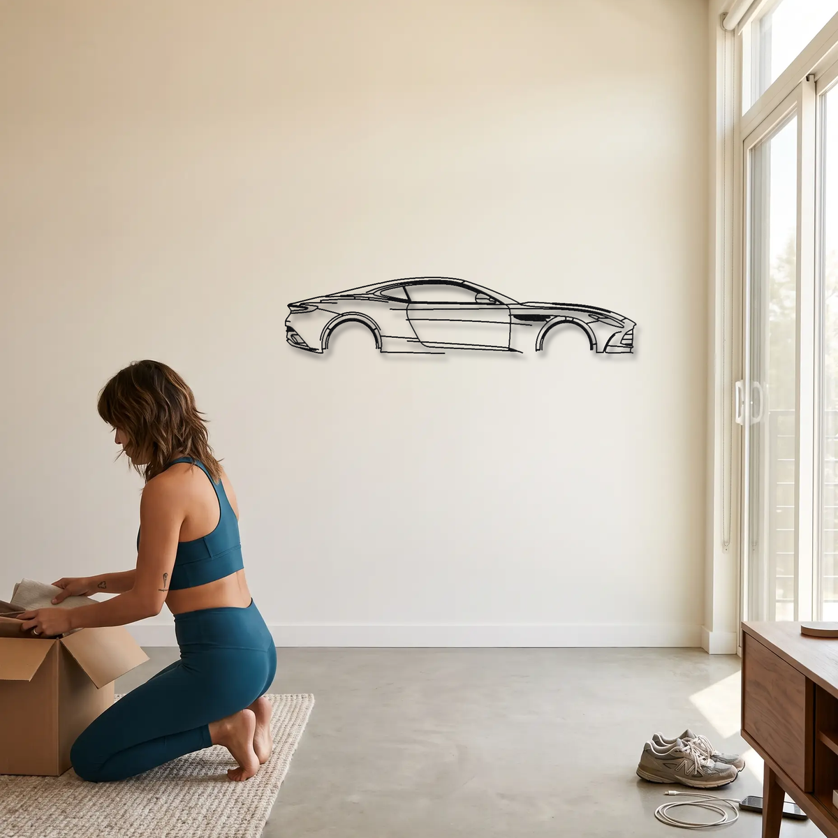 Aston Martin DB12 Coupe metal wall art shown to scale beside a person