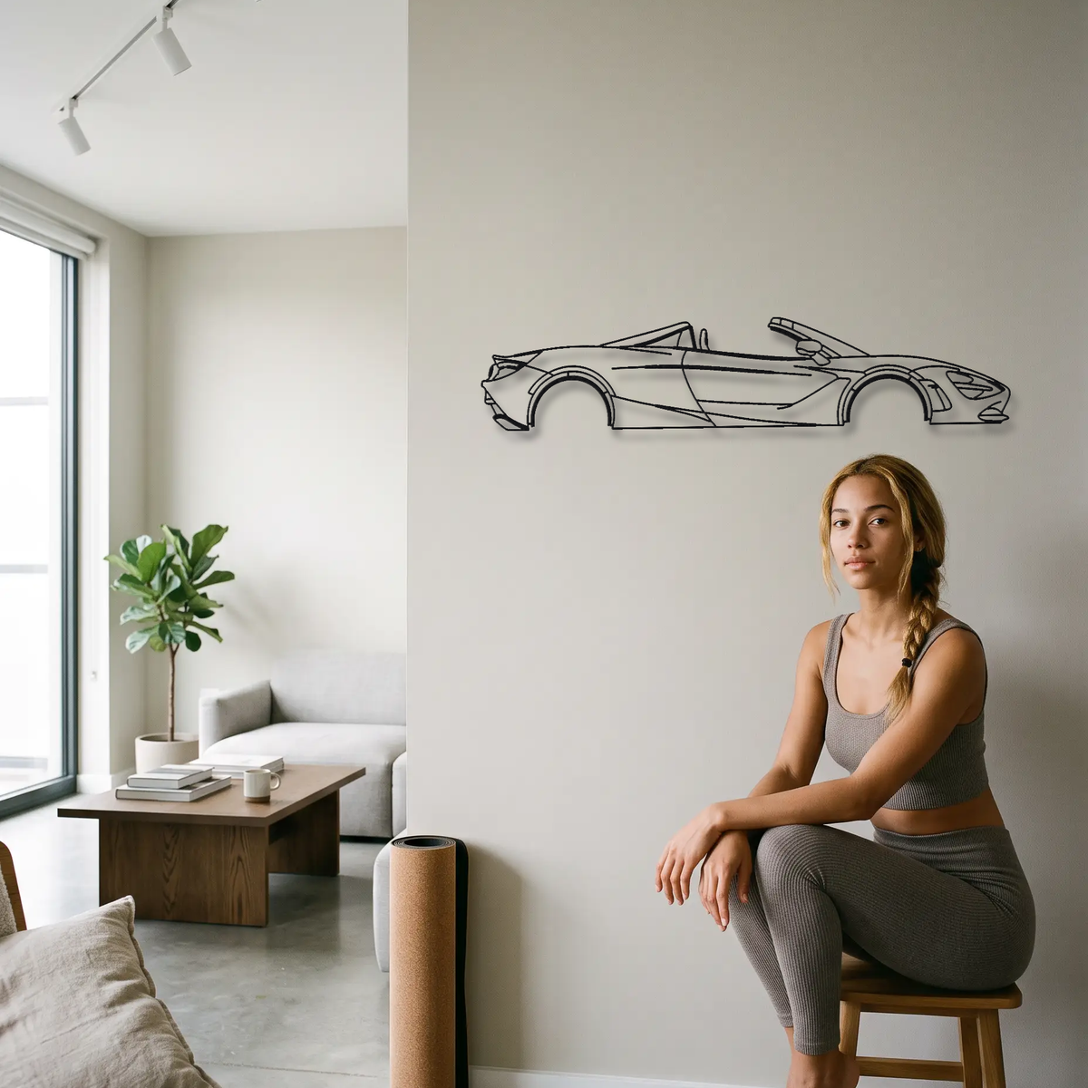 McLaren 750S Spider metal wall art shown to scale beside a person