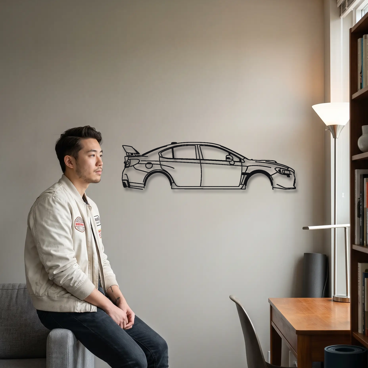 2015-19 Subaru WRX STI S207 / S208 VA metal wall art shown to scale beside a person