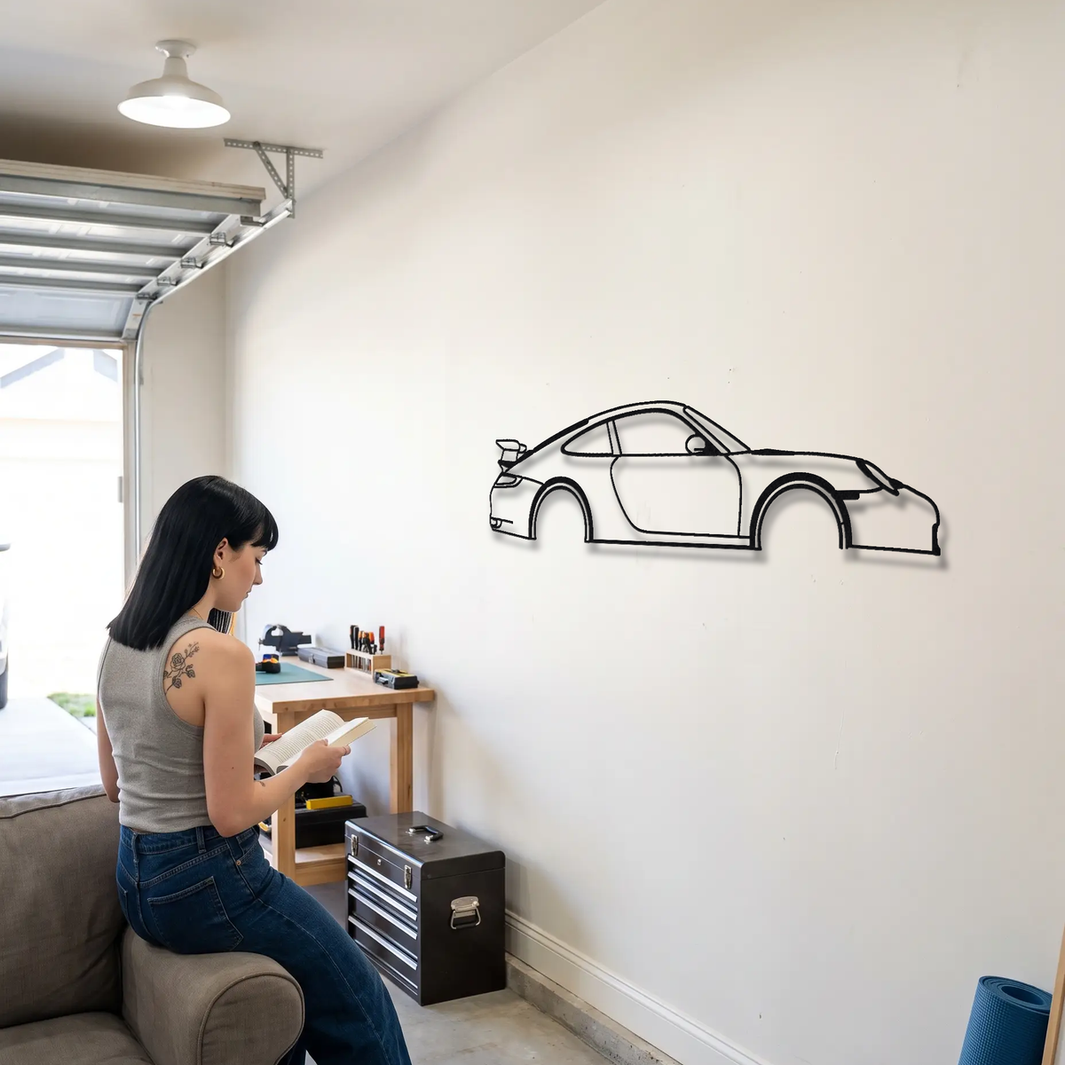2007-09 Porsche 911 GT3 997.1 metal wall art shown to scale beside a person