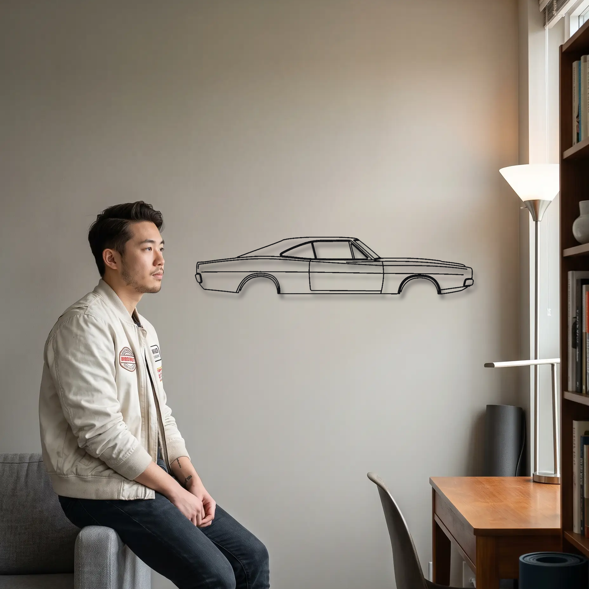 1968-1970 Dodge Charger metal wall art shown to scale beside a person