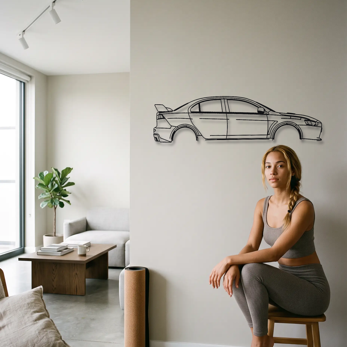 Mitsubishi Lancer Evolution X CZ4A metal wall art shown to scale beside a person
