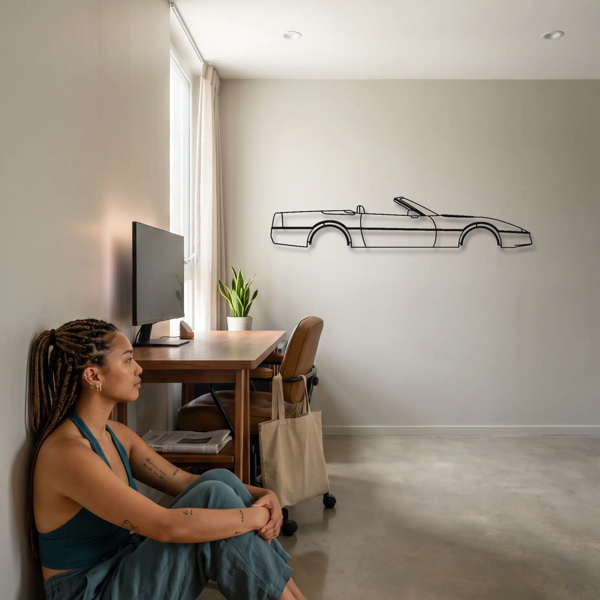 Chevrolet Corvette Convertible C4 metal wall art shown to scale beside a person