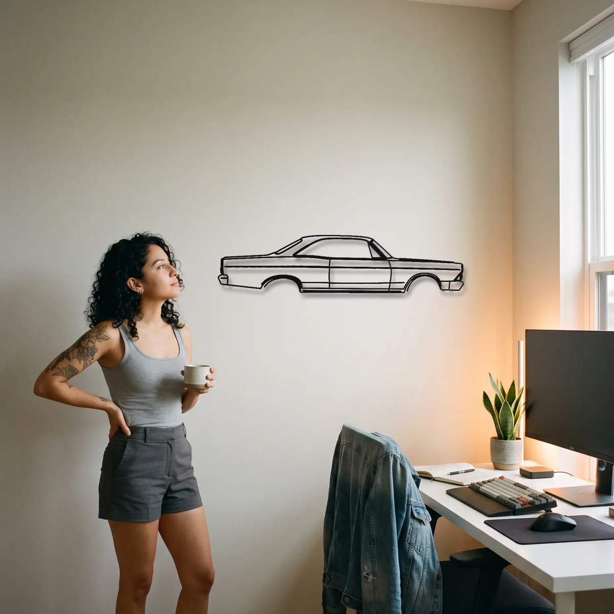1966 Ford Fairlane metal wall art shown to scale beside a person