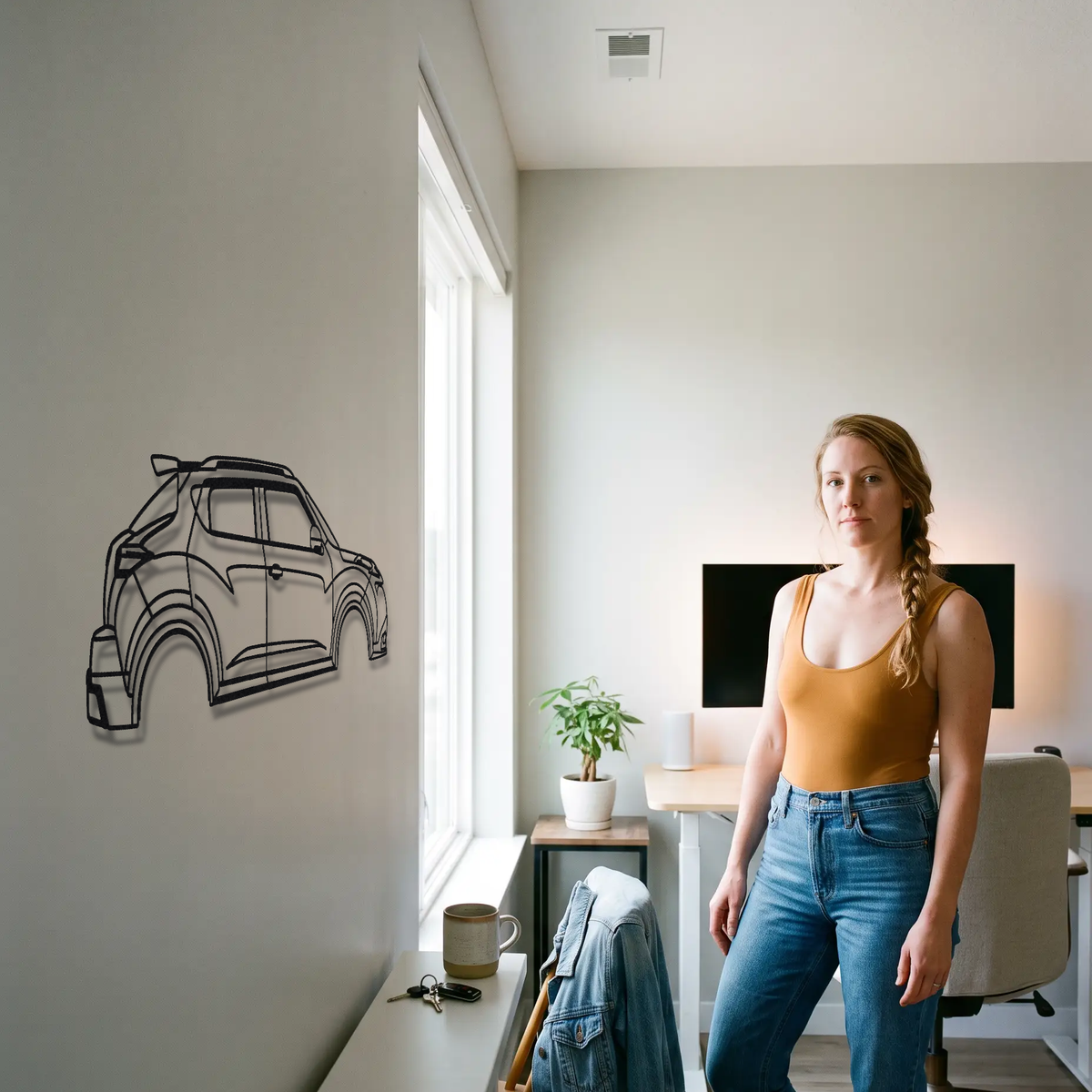 2012-15 Nissan Juke-R metal wall art shown to scale beside a person