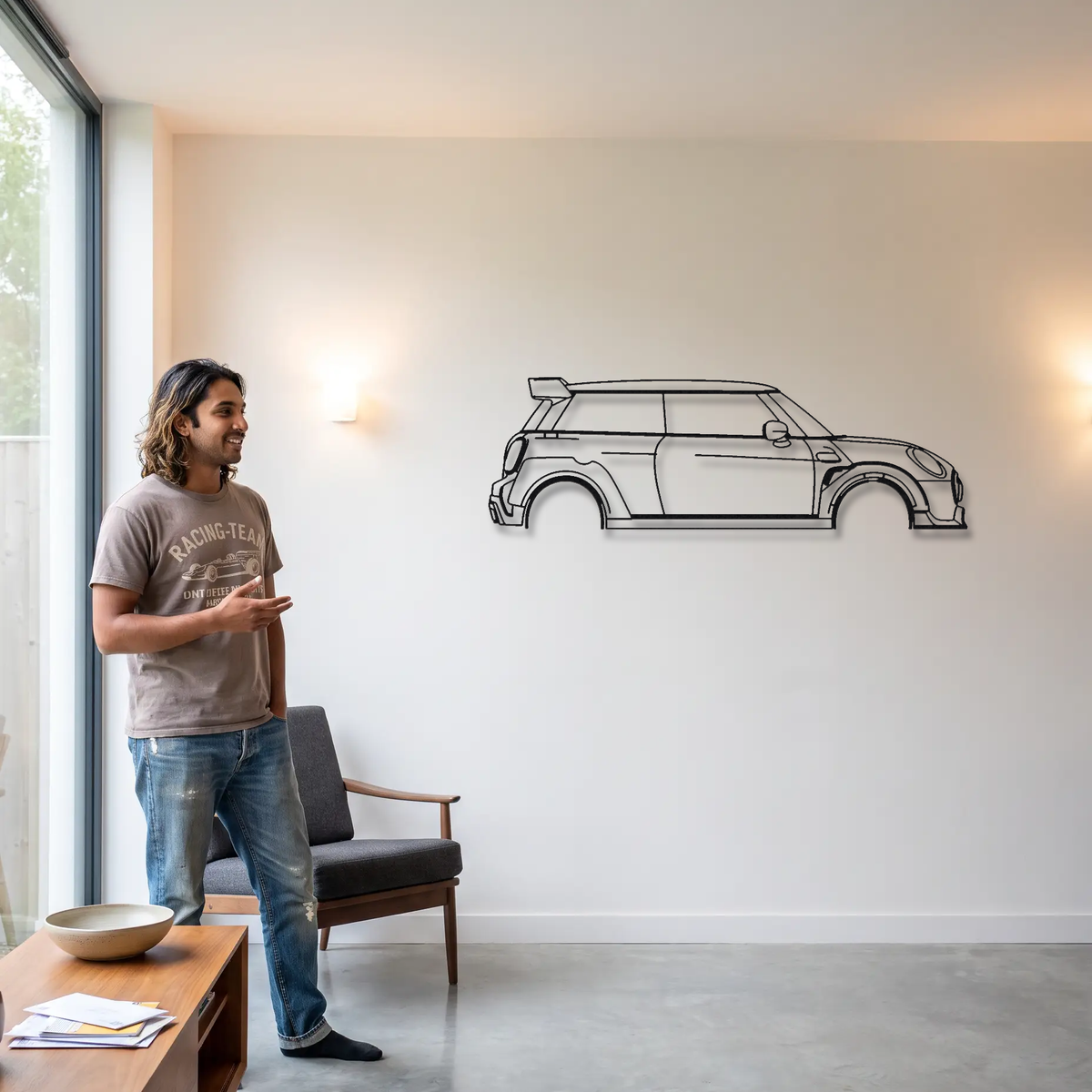 Mini John Cooper Works GP GP3 metal wall art shown to scale beside a person