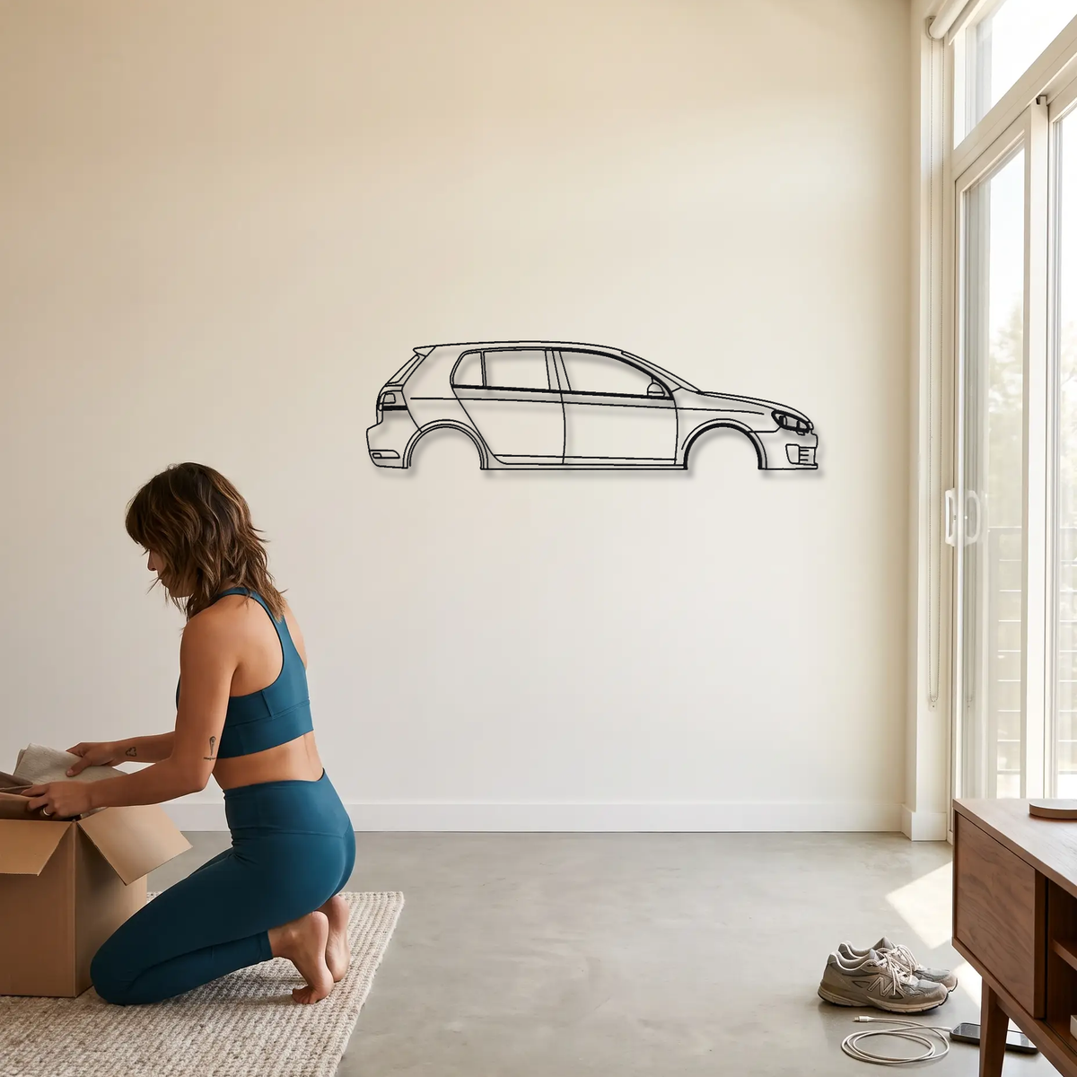 Volkswagen Golf GTI MK5 metal wall art shown to scale beside a person