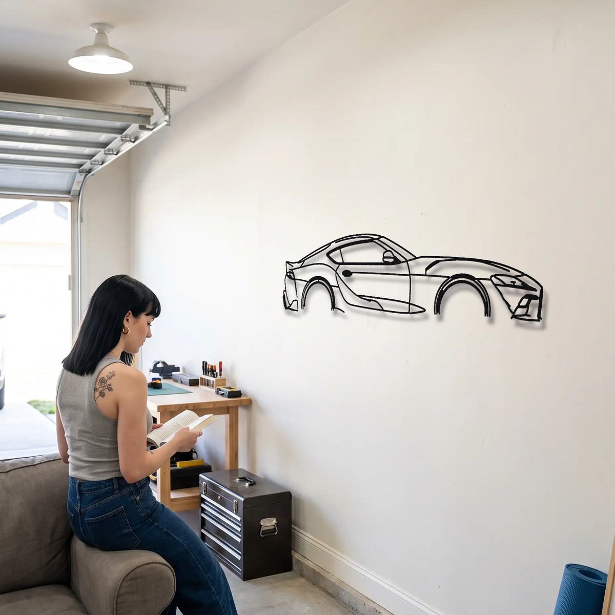 2023- Toyota GR Supra A91-MT / 3.0 A90 metal wall art shown to scale beside a person