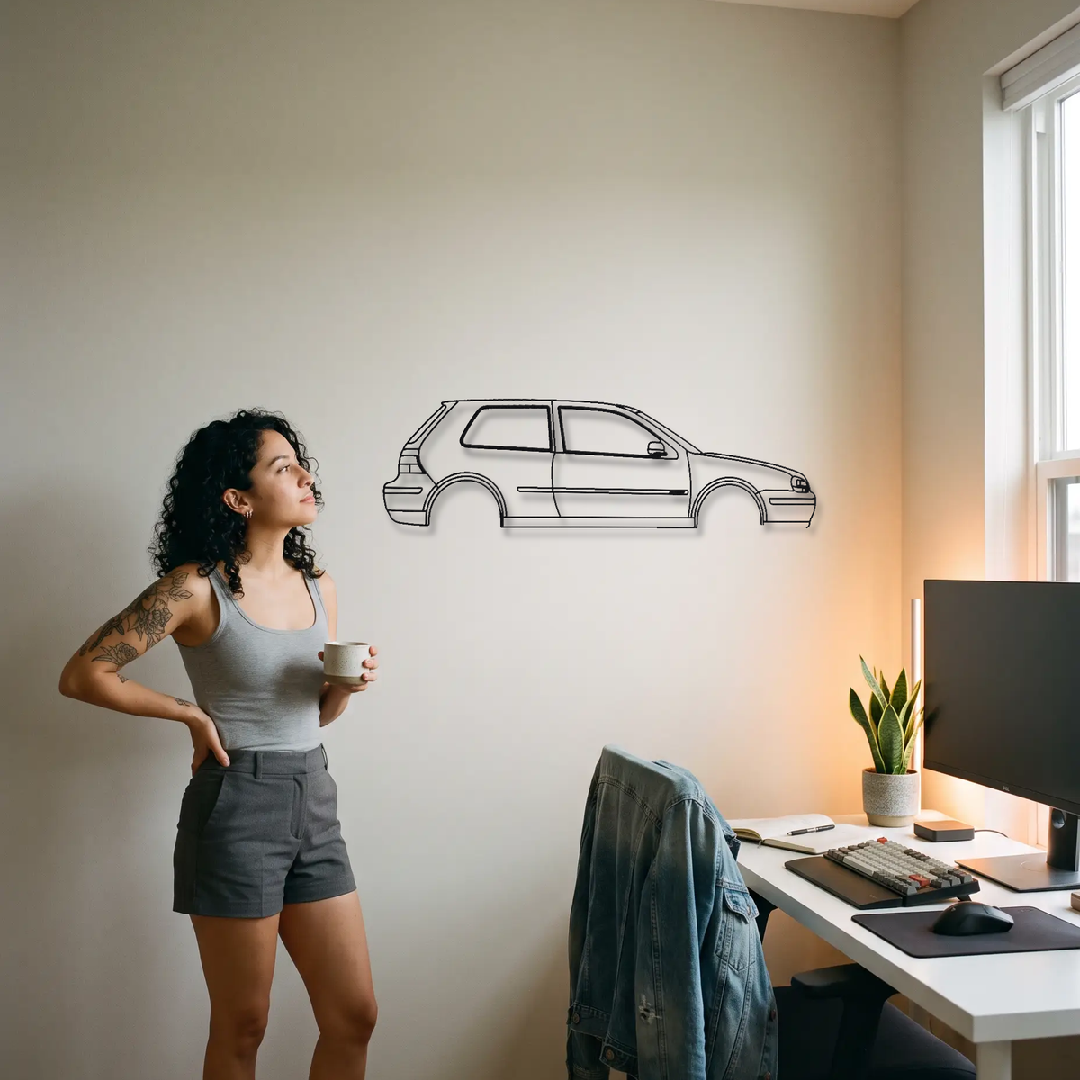 Volkswagen Golf R32 MK4 metal wall art shown to scale beside a person