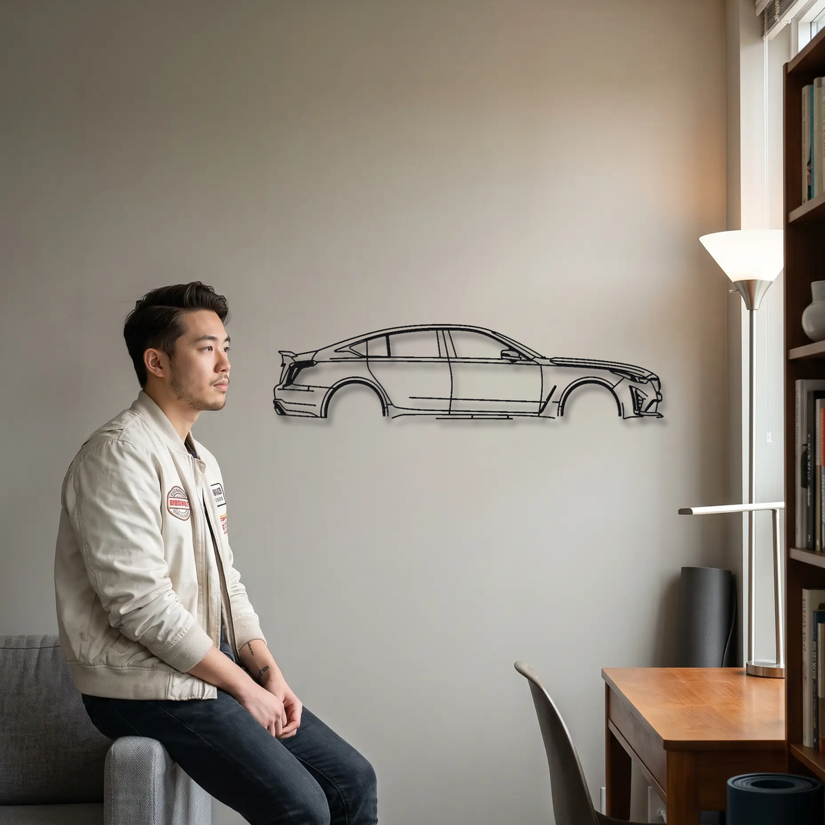 Cadillac CT5-V Blackwing metal wall art shown to scale beside a person