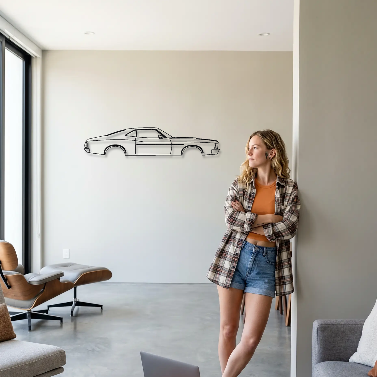Ford Gran Torino metal wall art shown to scale beside a person
