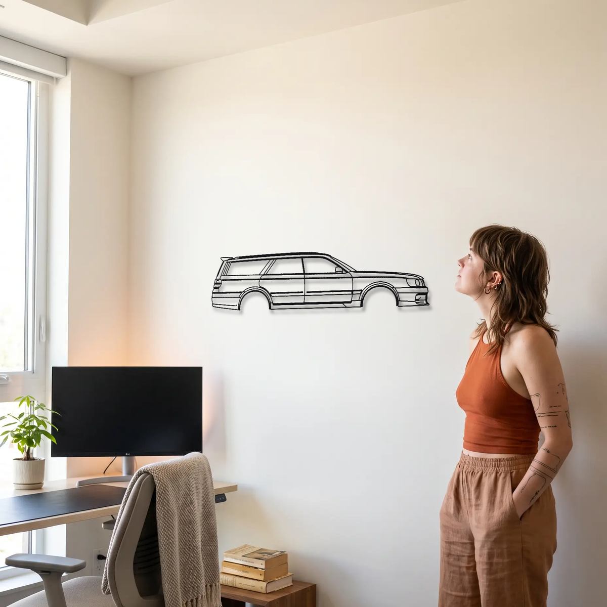 Nissan Stagea 260RS WC34 Autech metal wall art shown to scale beside a person