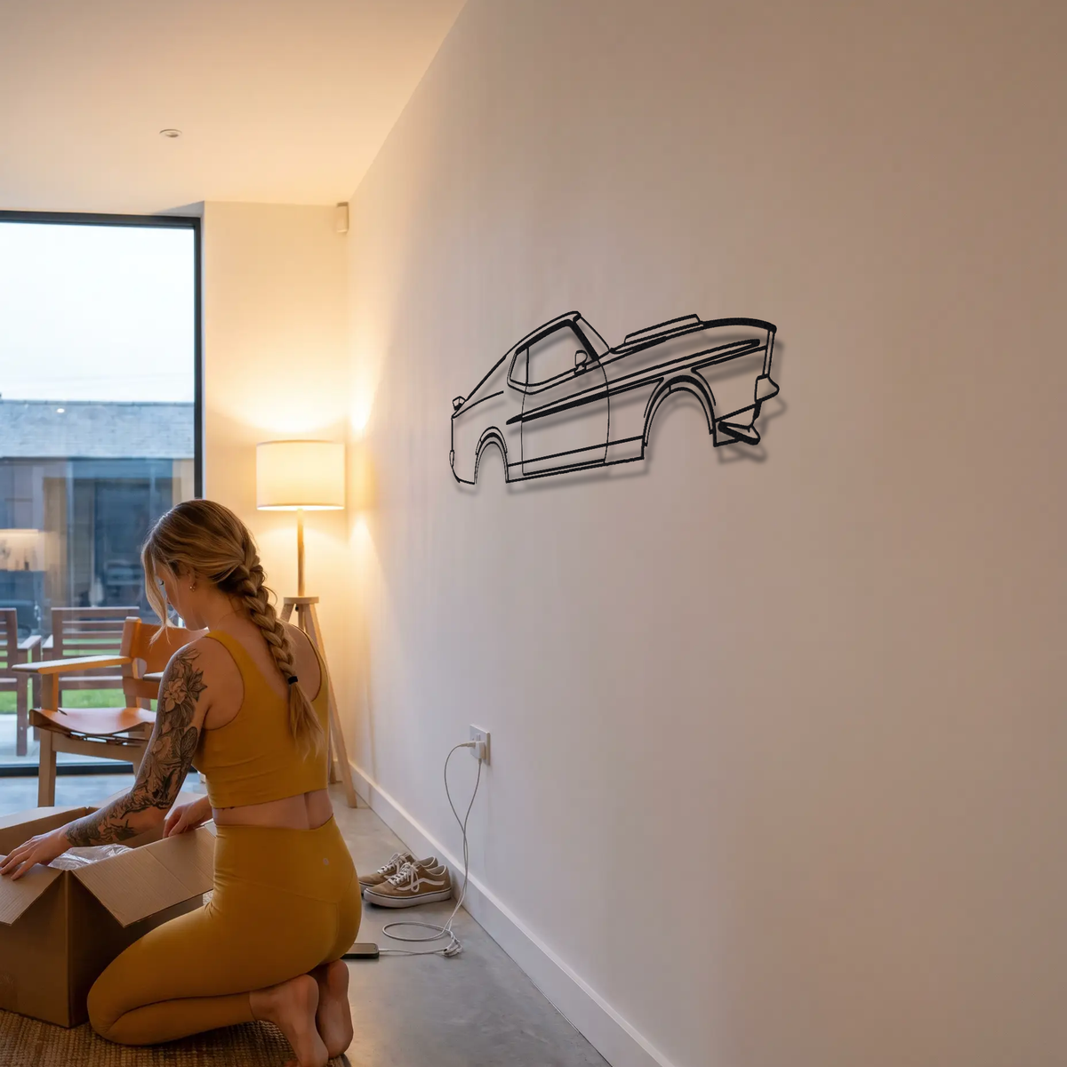 1971-1973 Ford Mustang Mach 1 metal wall art shown to scale beside a person