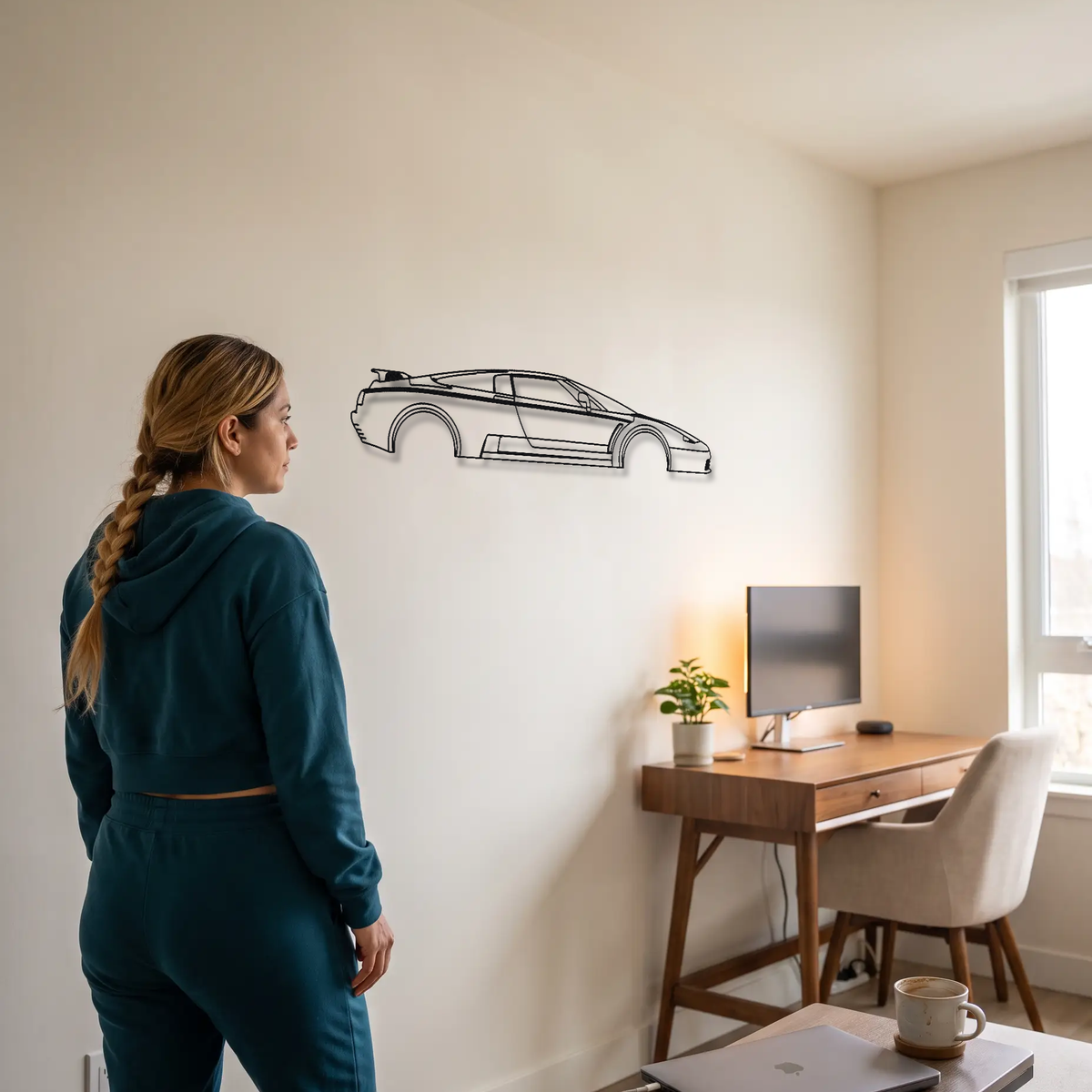Bugatti EB110 GT metal wall art shown to scale beside a person