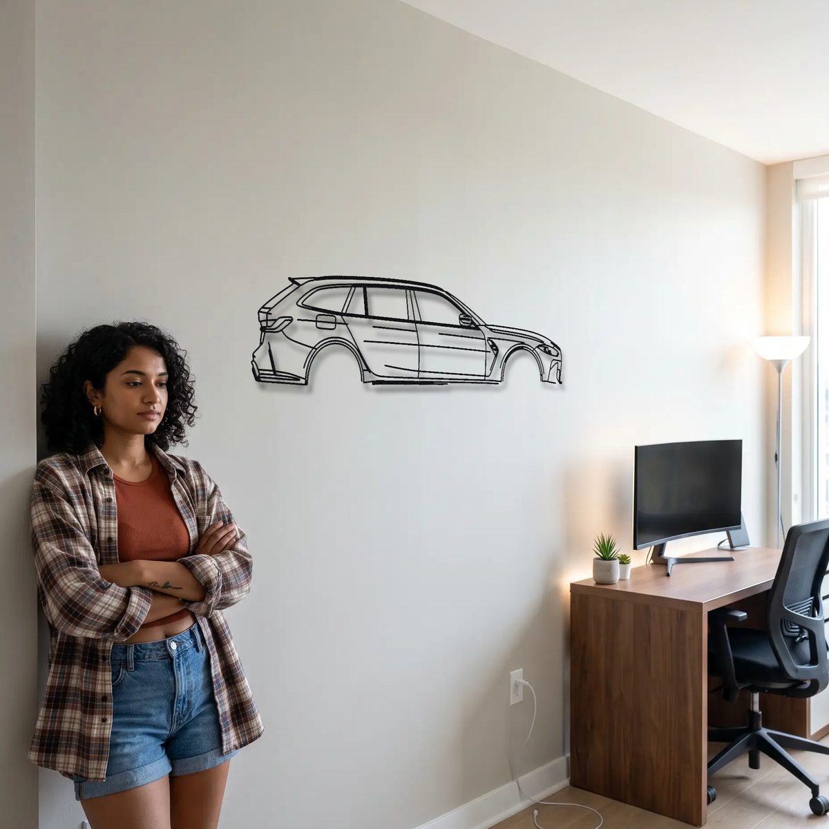 BMW M3 Touring G81 metal wall art shown to scale beside a person