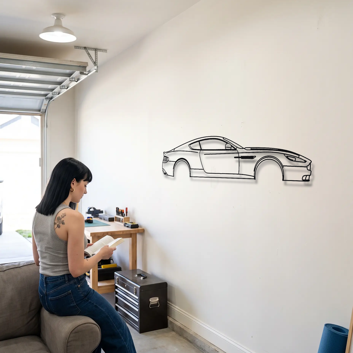 2011-2012 Aston Martin Virage metal wall art shown to scale beside a person