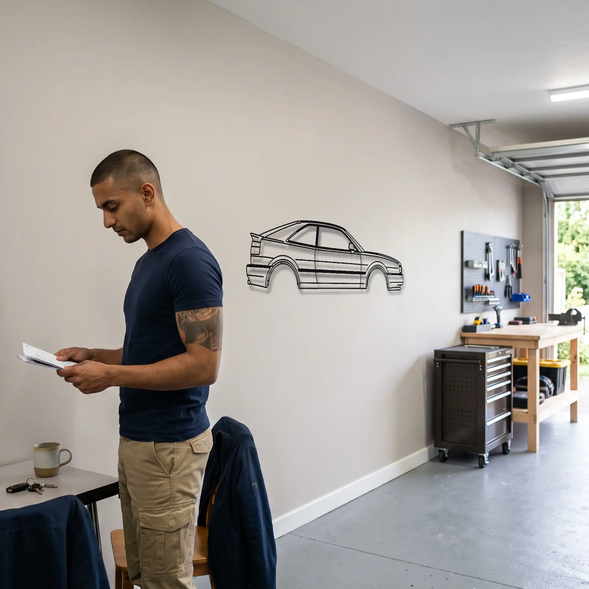 Volkswagen Corrado VR6 metal wall art shown to scale beside a person