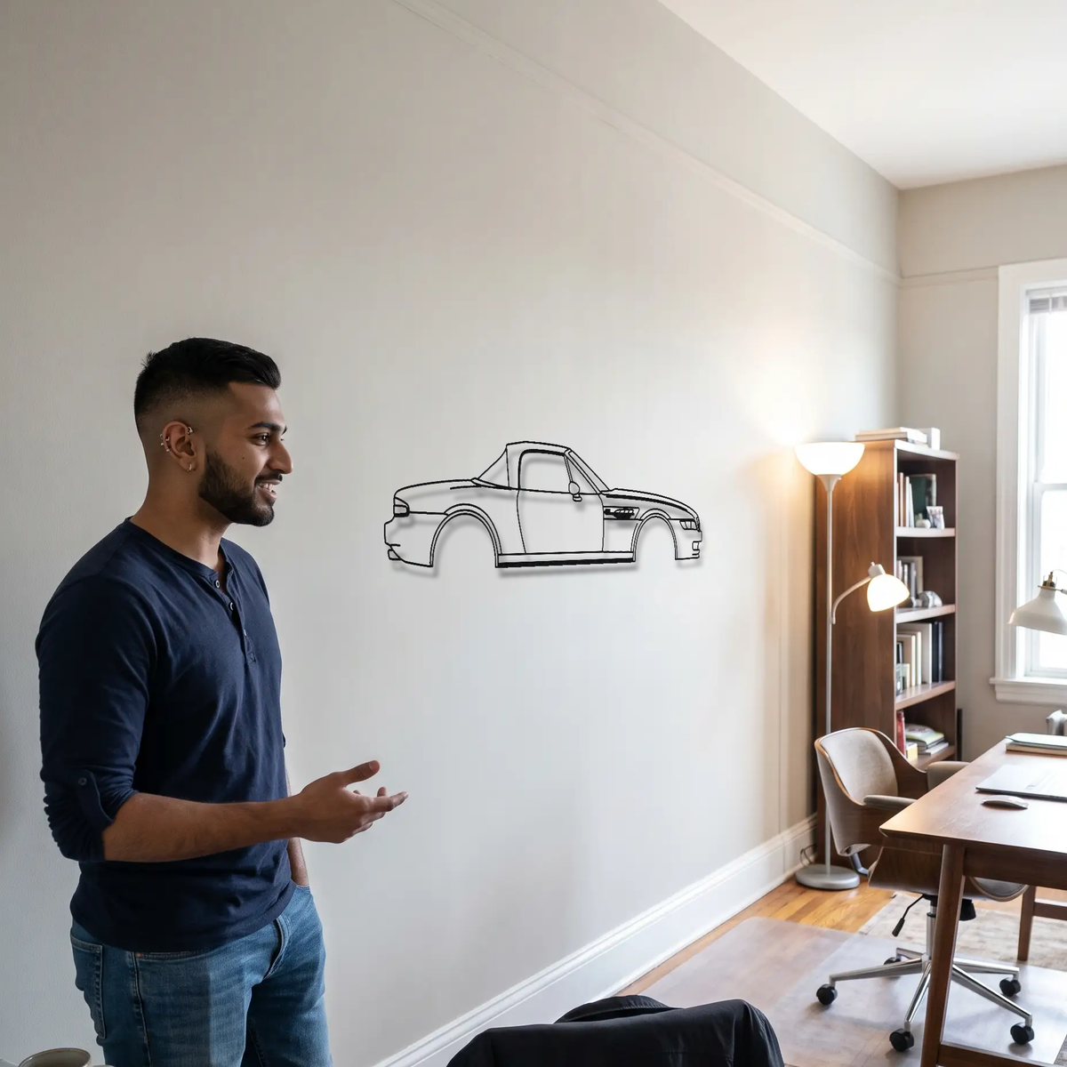 BMW Z3 M Roadster metal wall art shown to scale beside a person