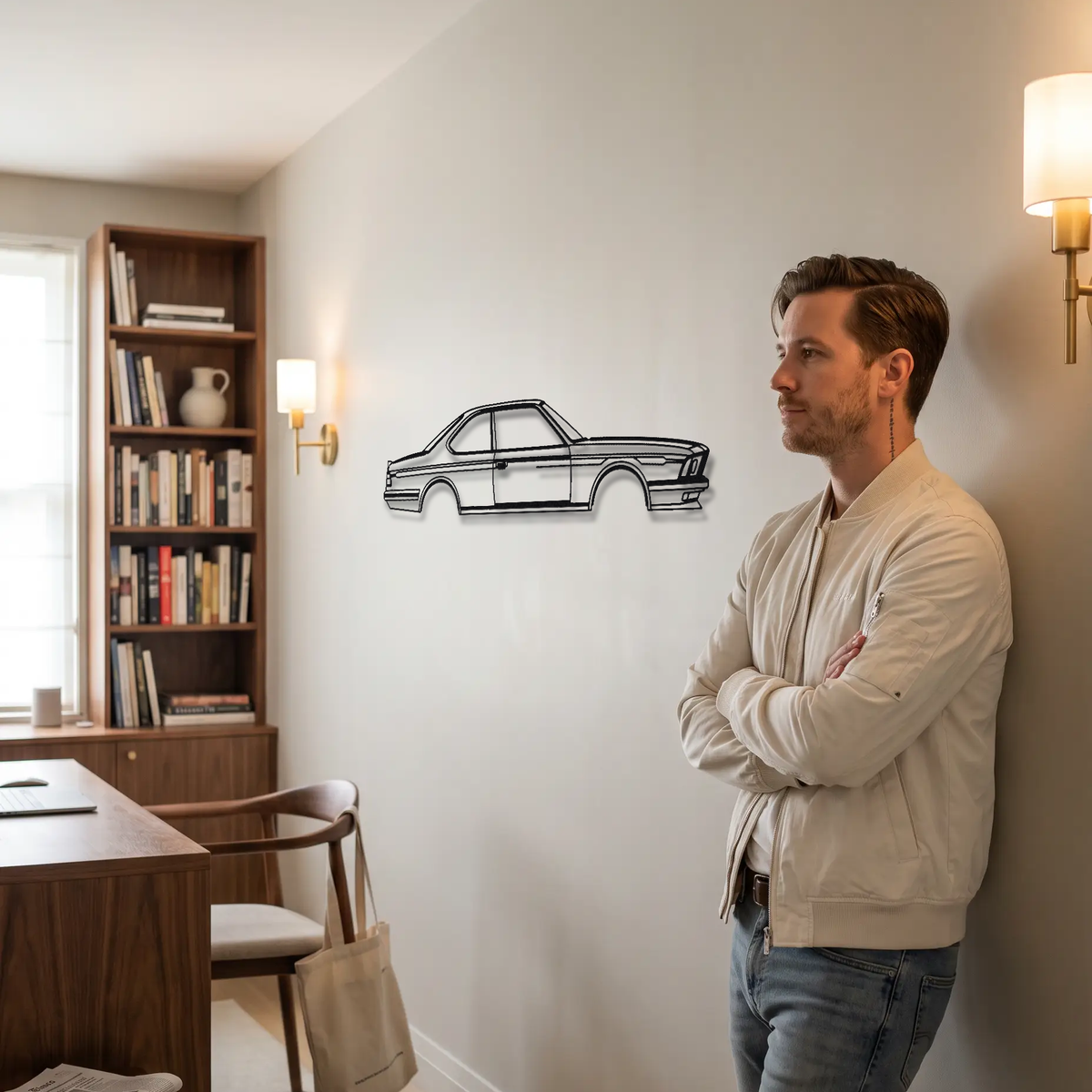 Alpina B7 Turbo Coupe E24 metal wall art shown to scale beside a person