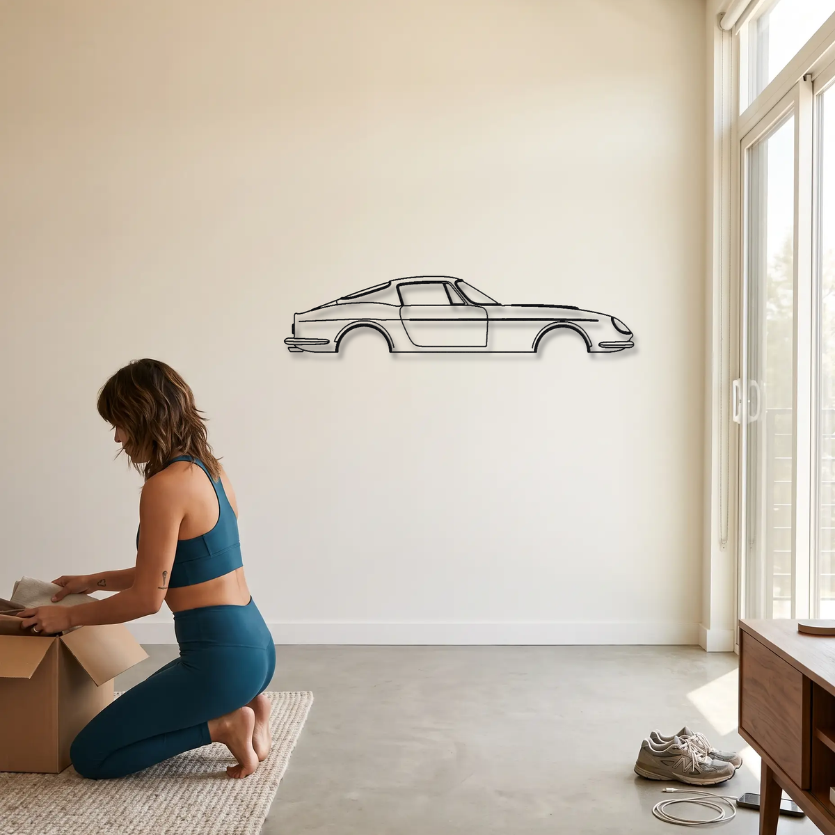 Ferrari 275 GTB/4 metal wall art shown to scale beside a person