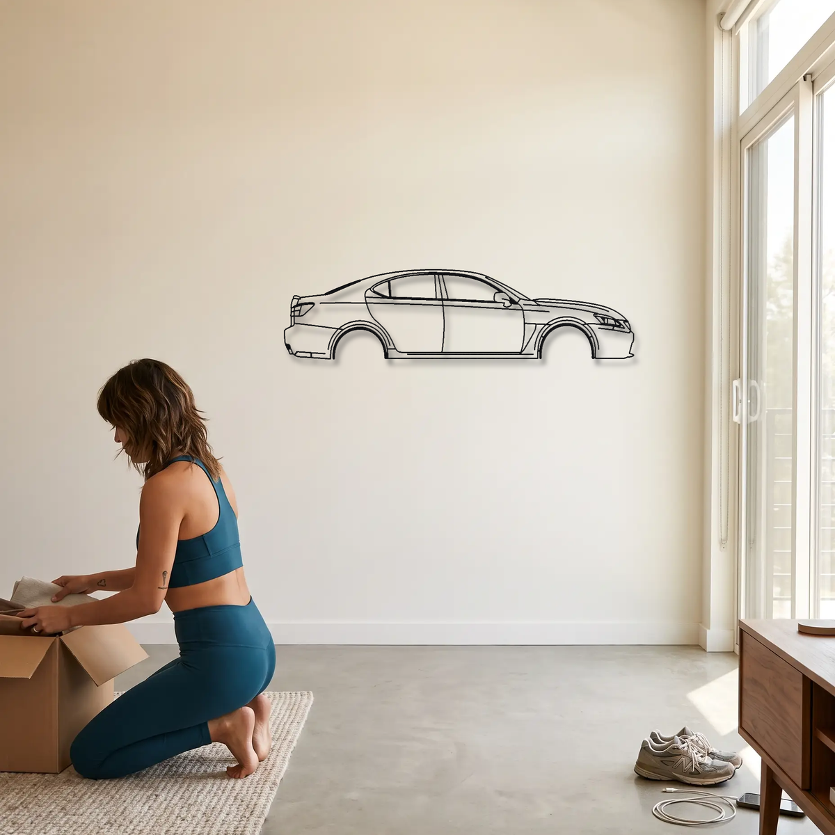 Lexus IS F USE20 metal wall art shown to scale beside a person