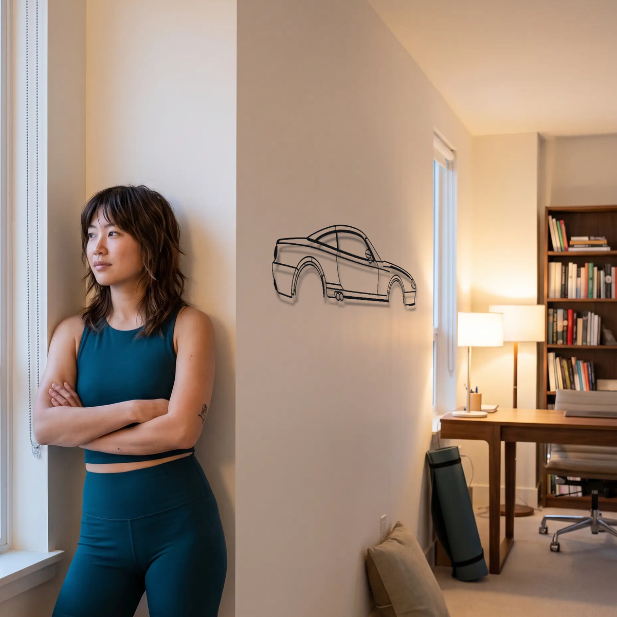 Spyker C8 Coupe metal wall art shown to scale beside a person