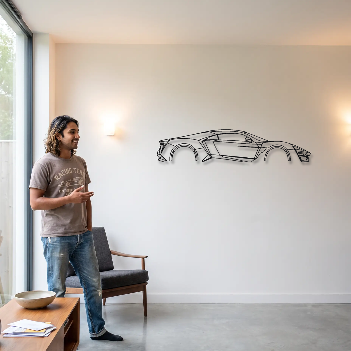 W Motors Lykan HyperSport metal wall art shown to scale beside a person