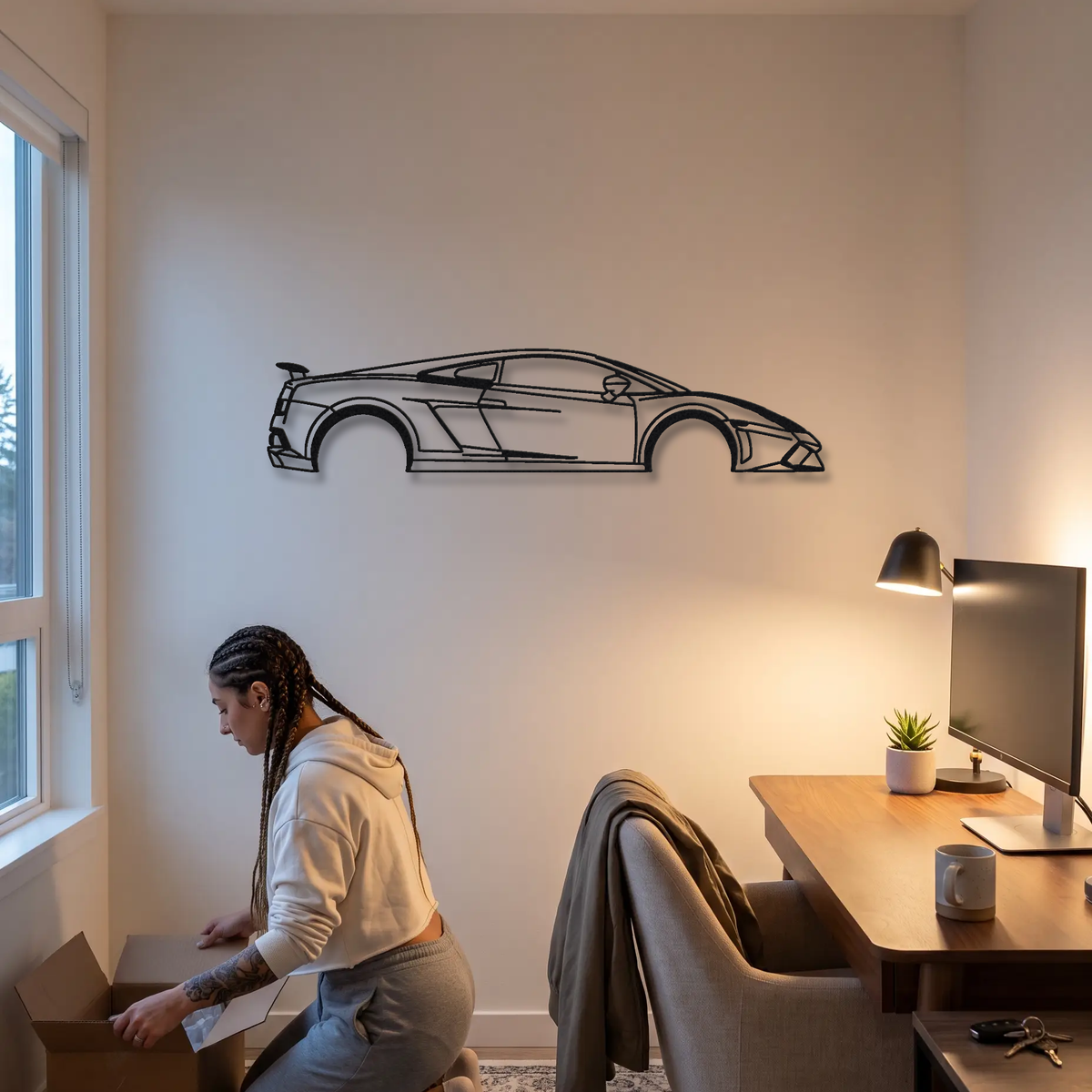 2013-14 Lamborghini Gallardo Squadra Corse LP570-4 metal wall art shown to scale beside a person