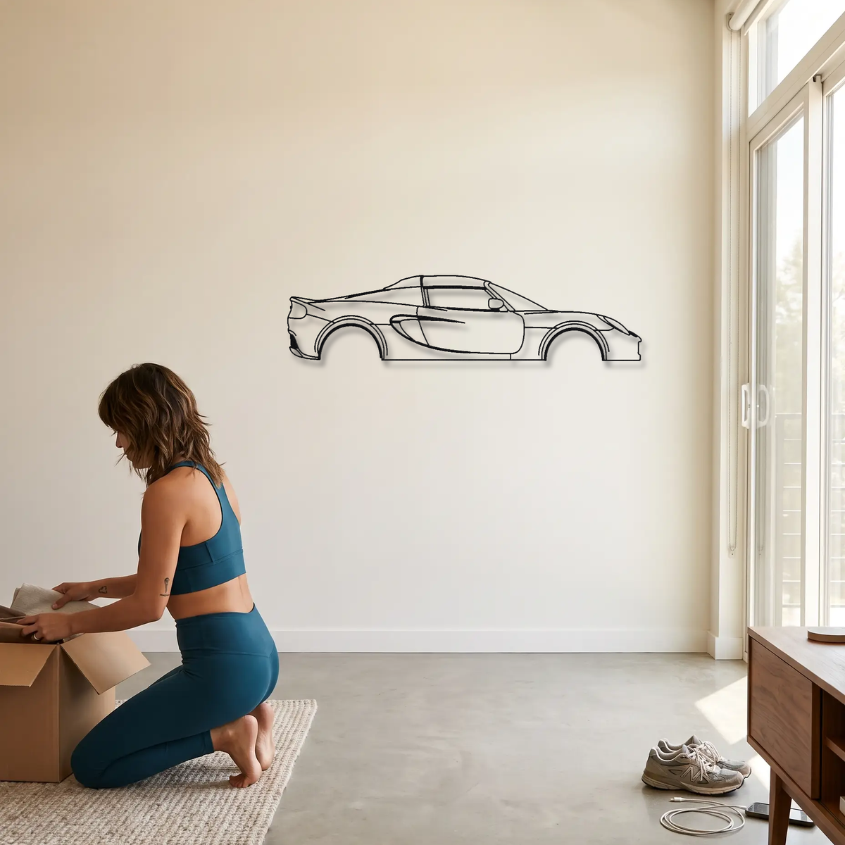 Lotus Elise Series 2 metal wall art shown to scale beside a person