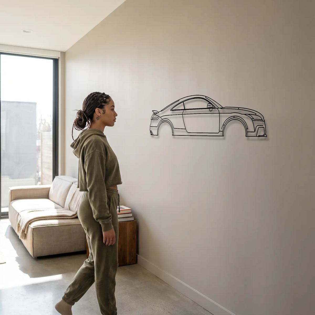 Audi TT RS 8J metal wall art shown to scale beside a person