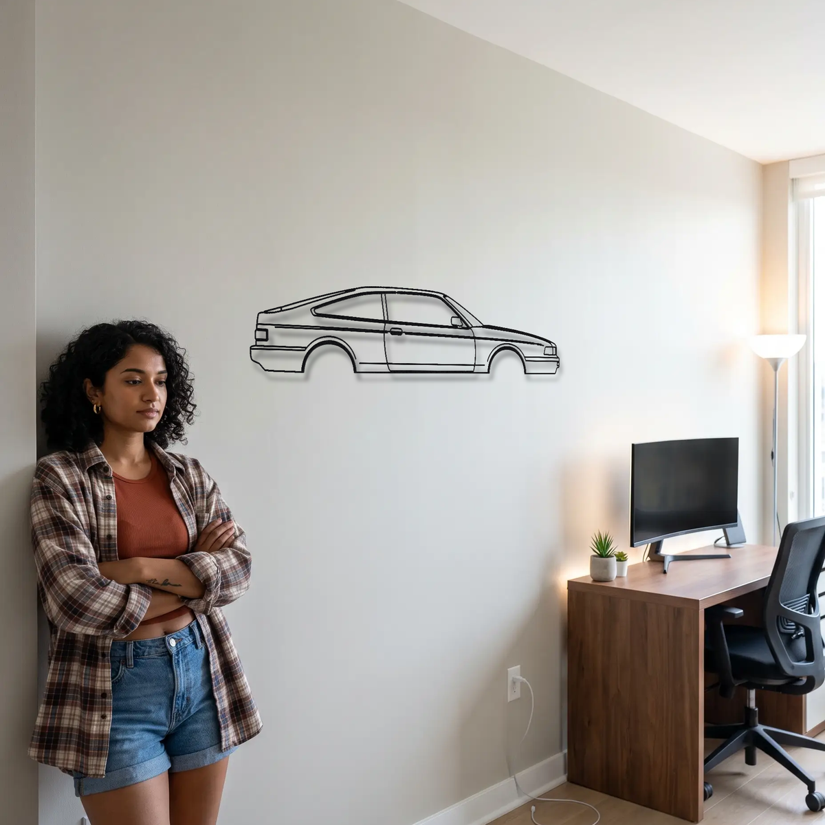 Honda Integra Gen 1 metal wall art shown to scale beside a person