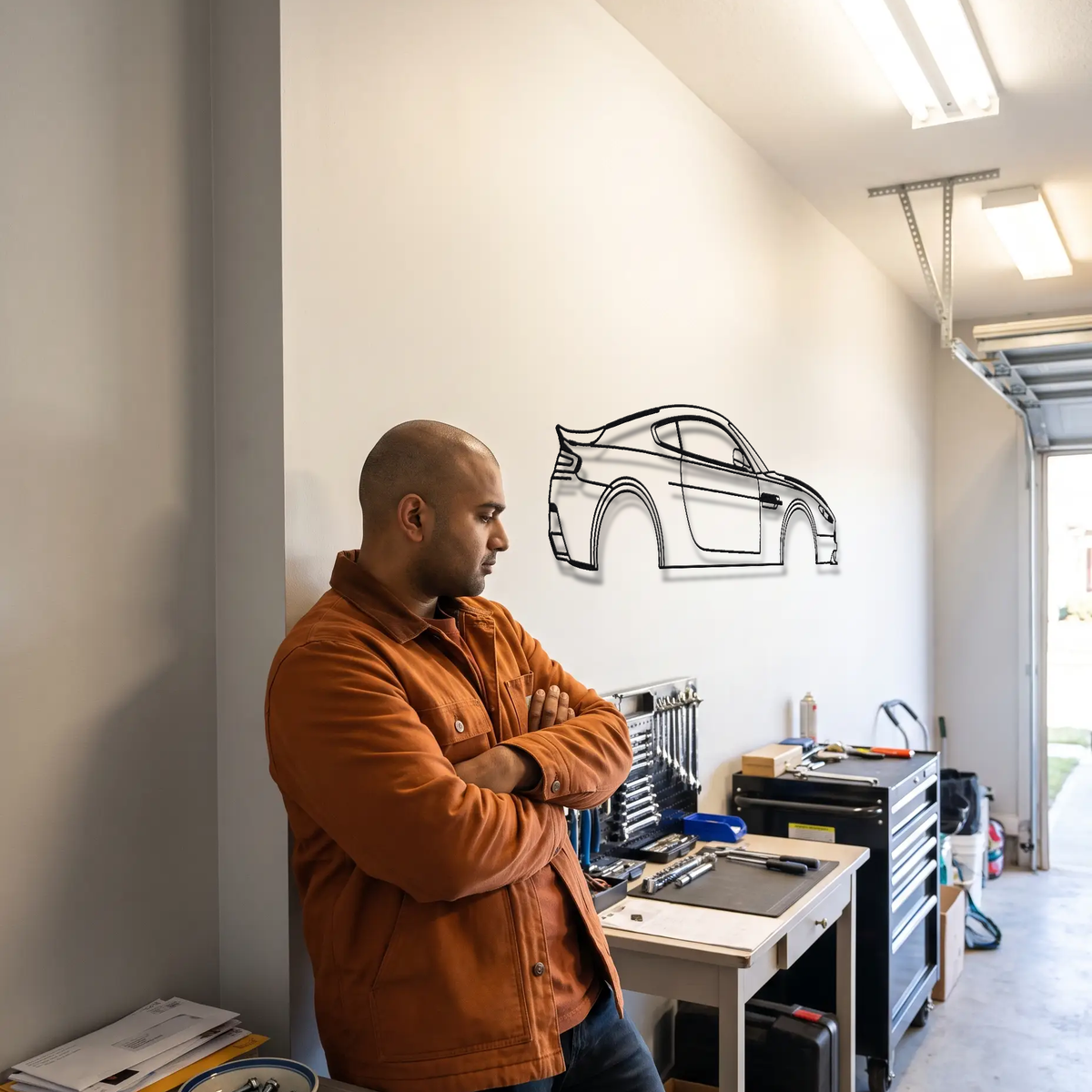2009-2013 Aston Martin V12 Vantage metal wall art shown to scale beside a person