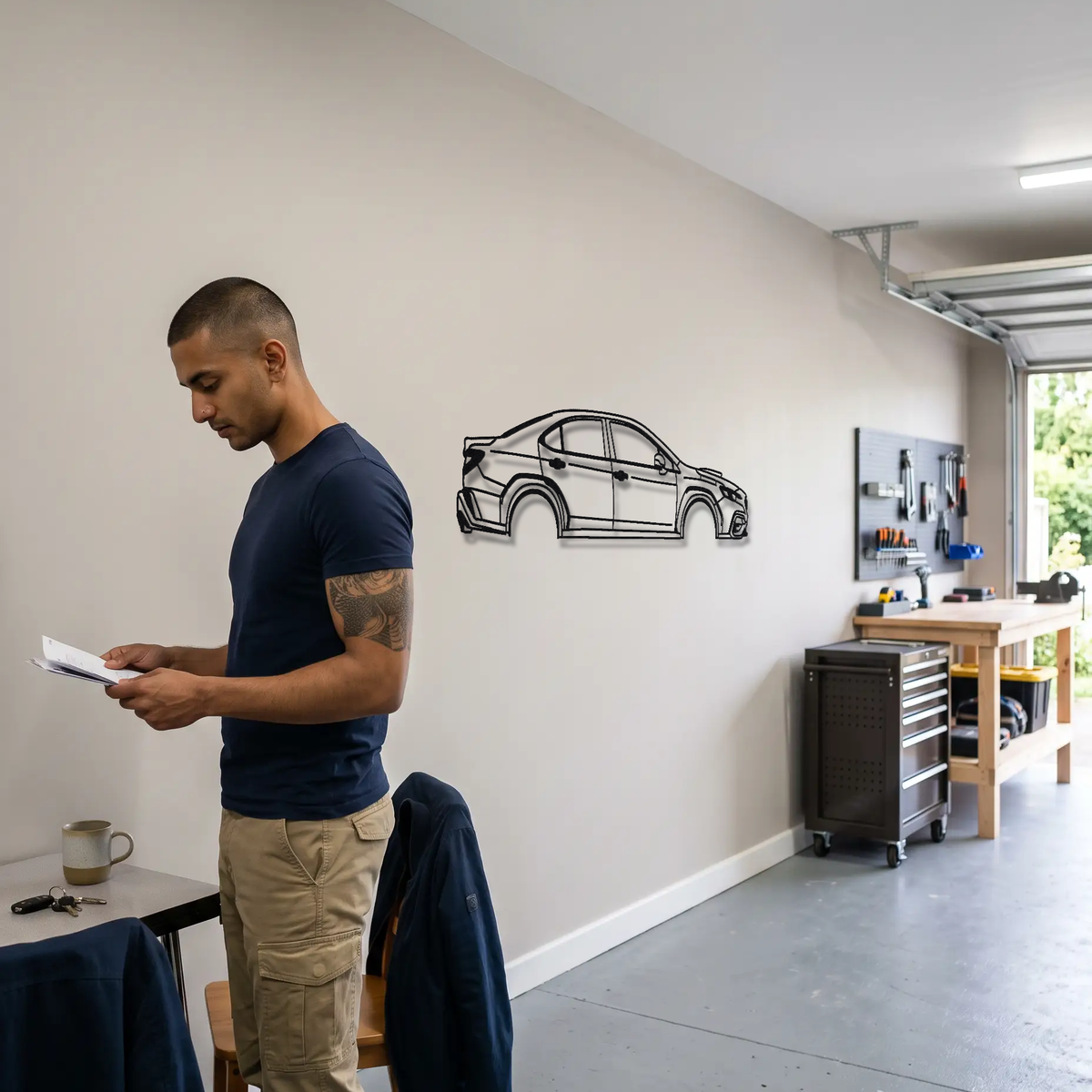 2025- Subaru WRX tS VB metal wall art shown to scale beside a person