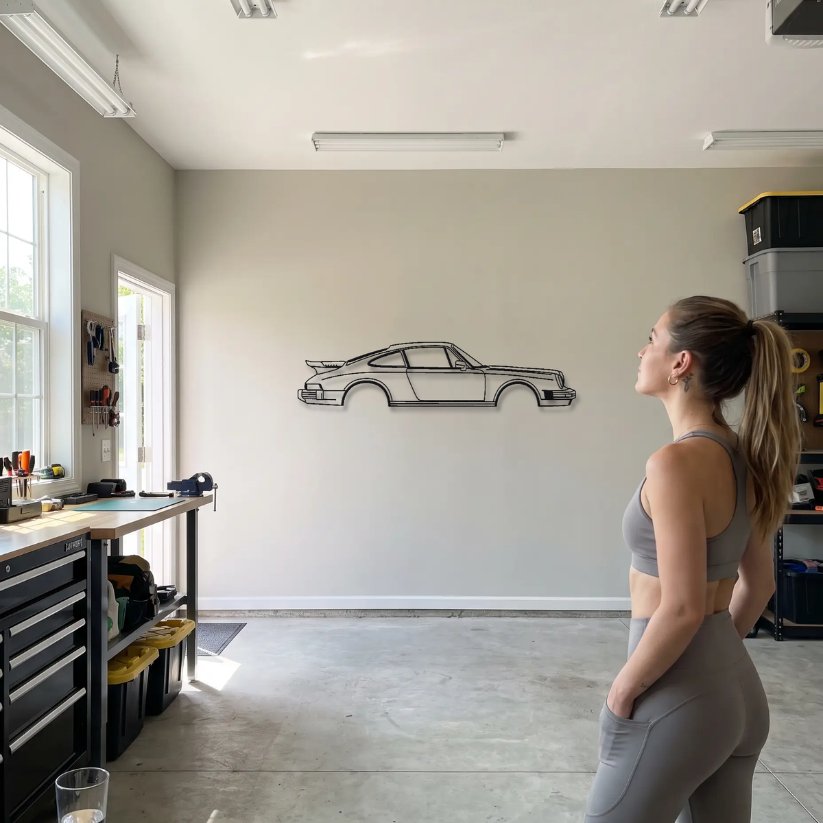 Porsche 930 Turbo Flachbau metal wall art shown to scale beside a person