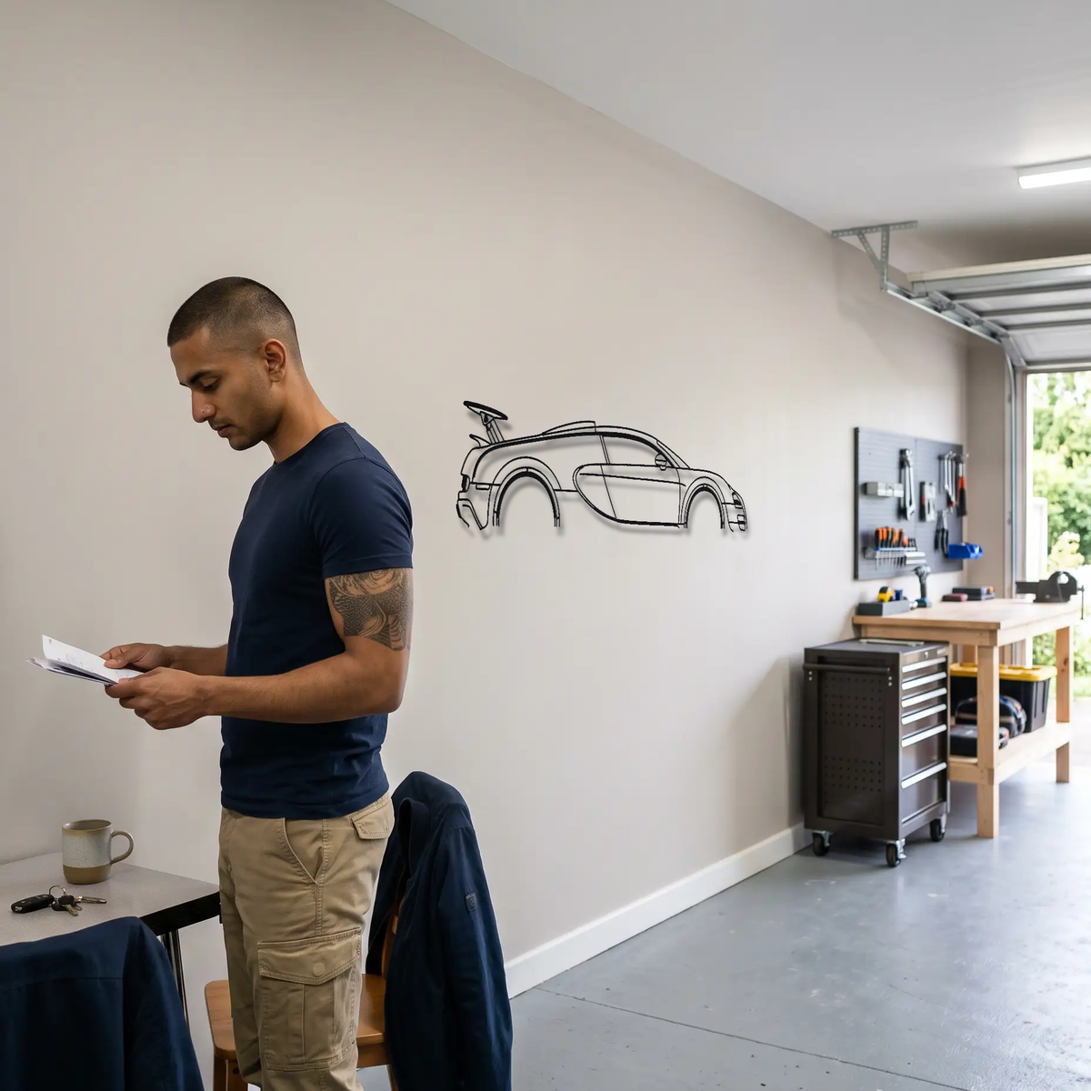 Bugatti Veyron 16.4 Super Sport metal wall art shown to scale beside a person