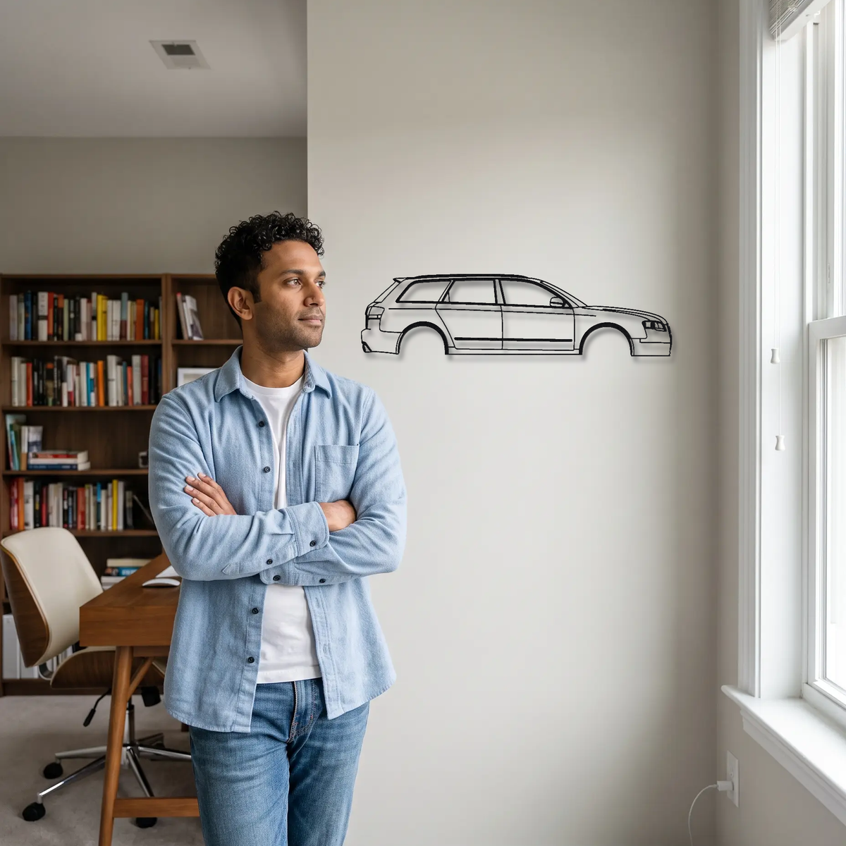 Audi RS4 B7 metal wall art shown to scale beside a person