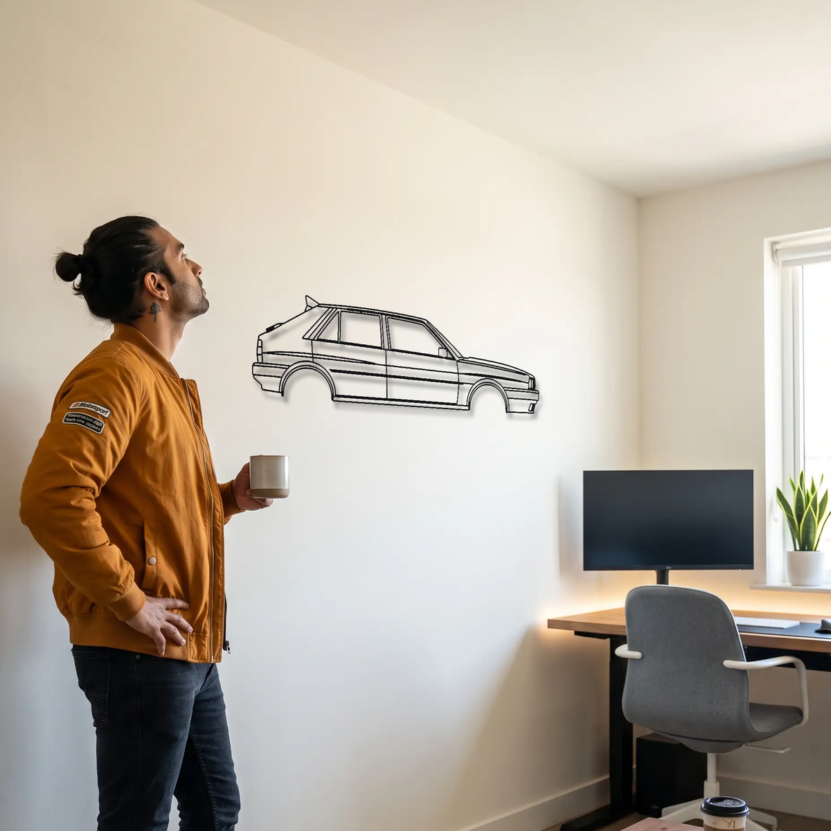 Lancia Delta HF Integrale 8V metal wall art shown to scale beside a person
