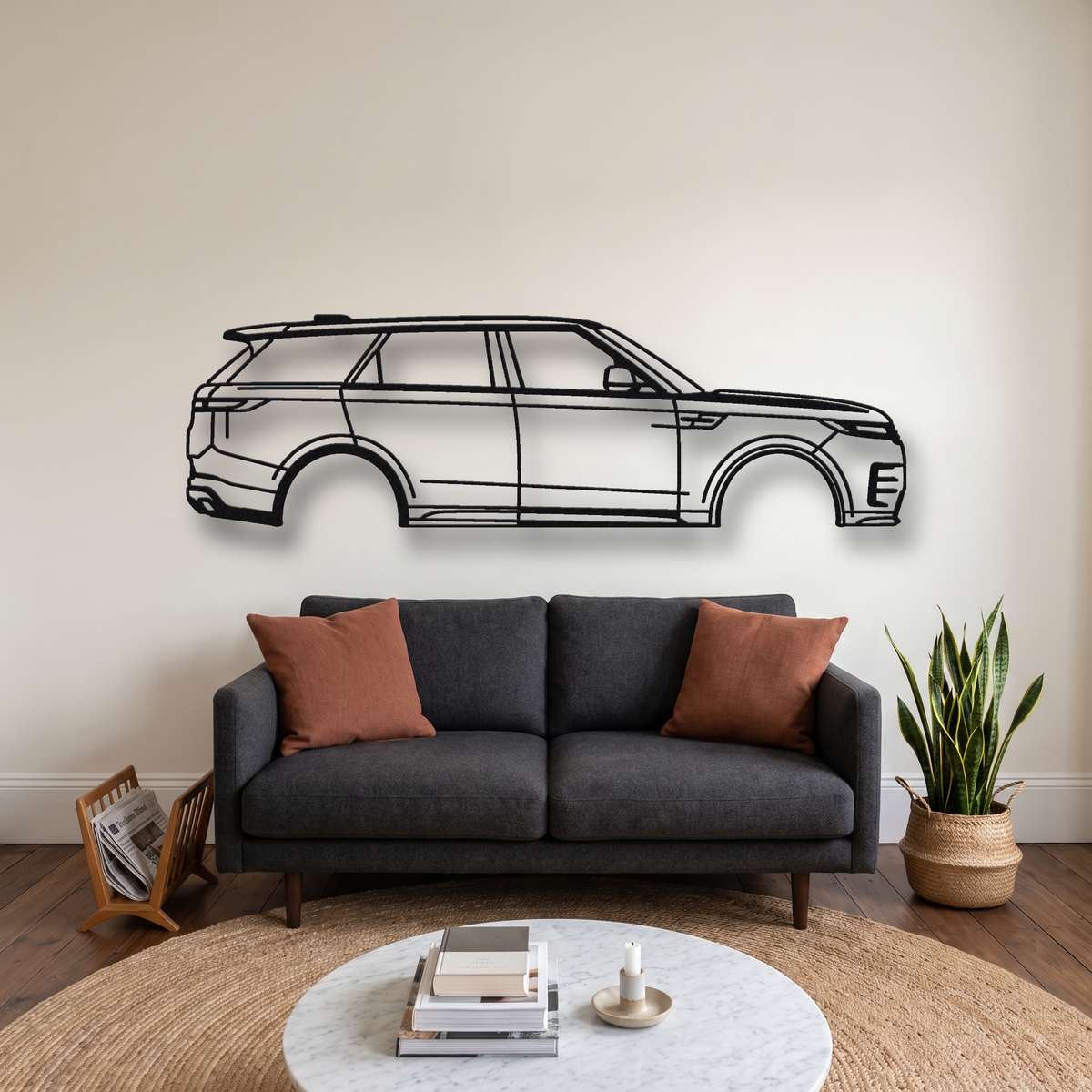 2024- Land Rover Range Rover Sport SV L461 metal wall art silhouette, front view on wall