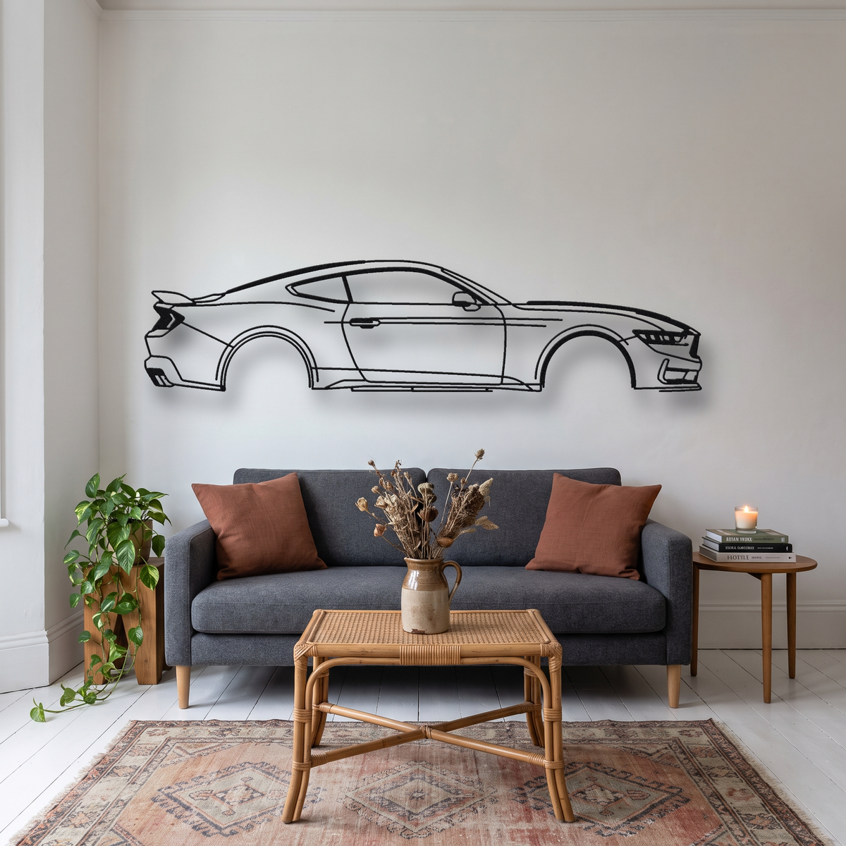 Ford Mustang Dark Horse SC metal wall art silhouette, front view on wall