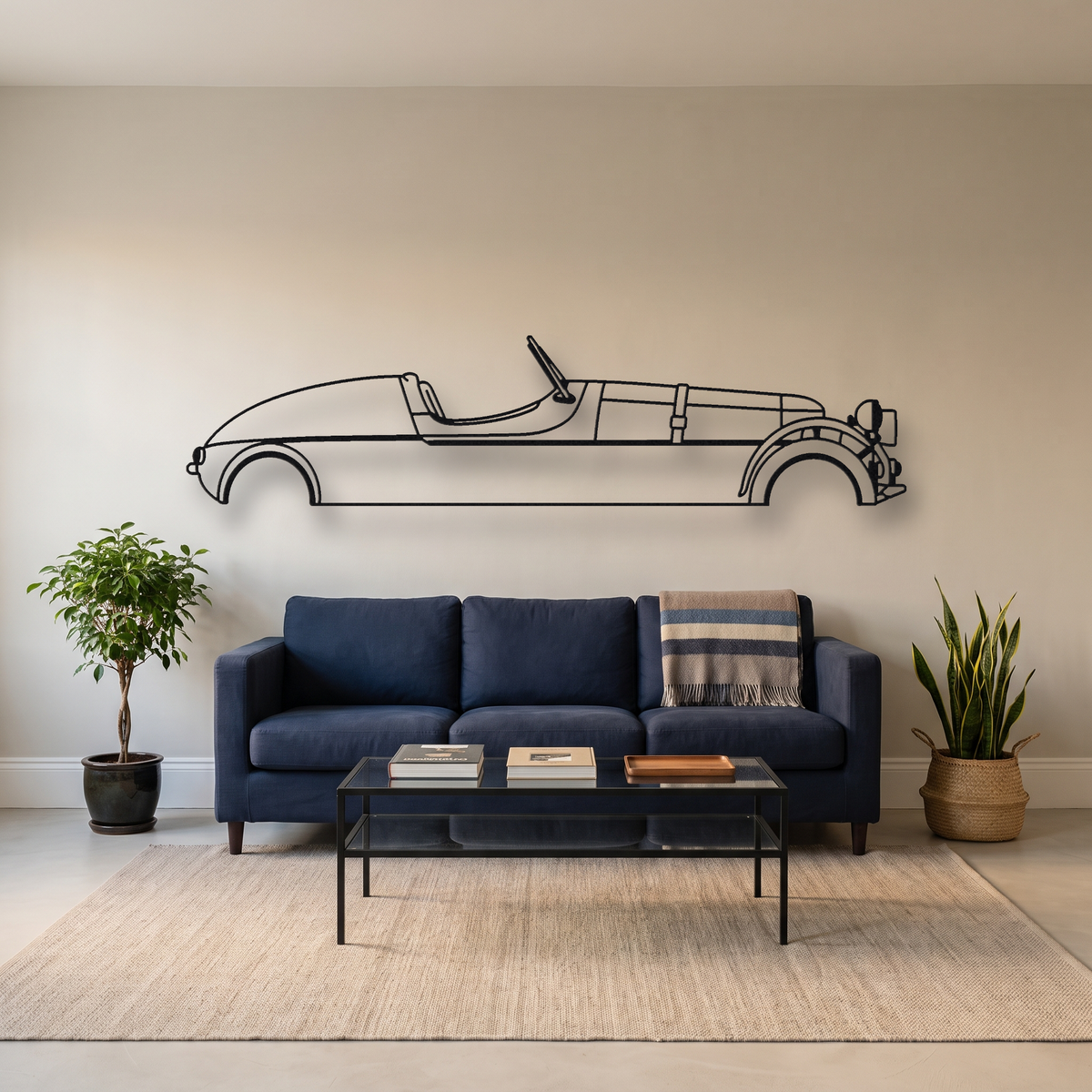 Morgan 3 Wheeler metal wall art silhouette, front view on wall