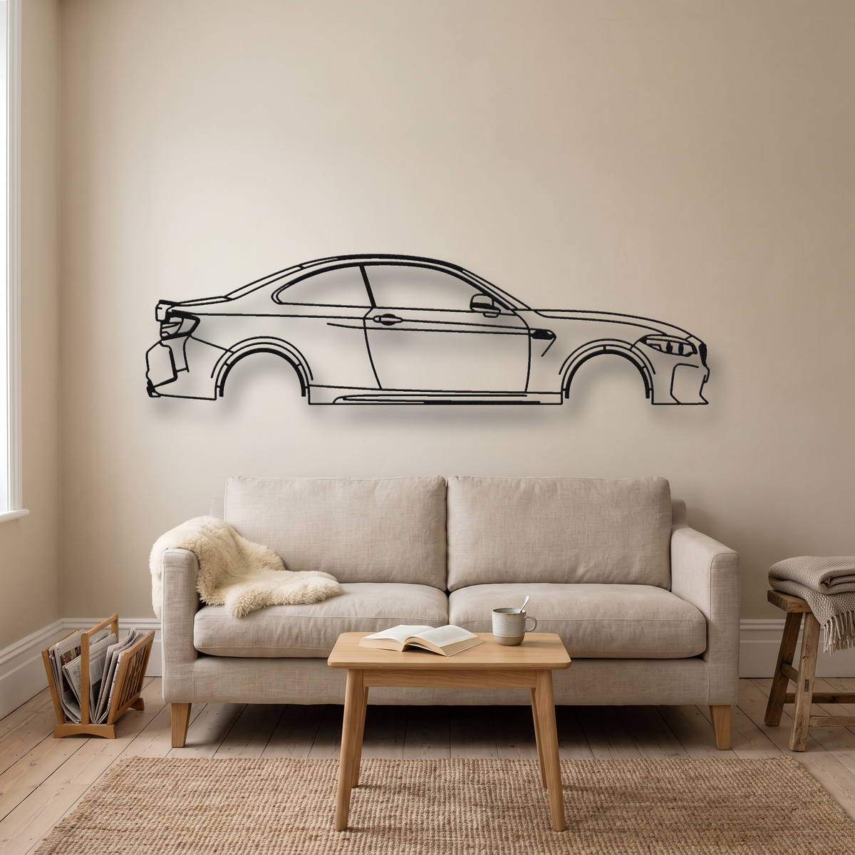 BMW M2 F87 metal wall art silhouette, front view on wall