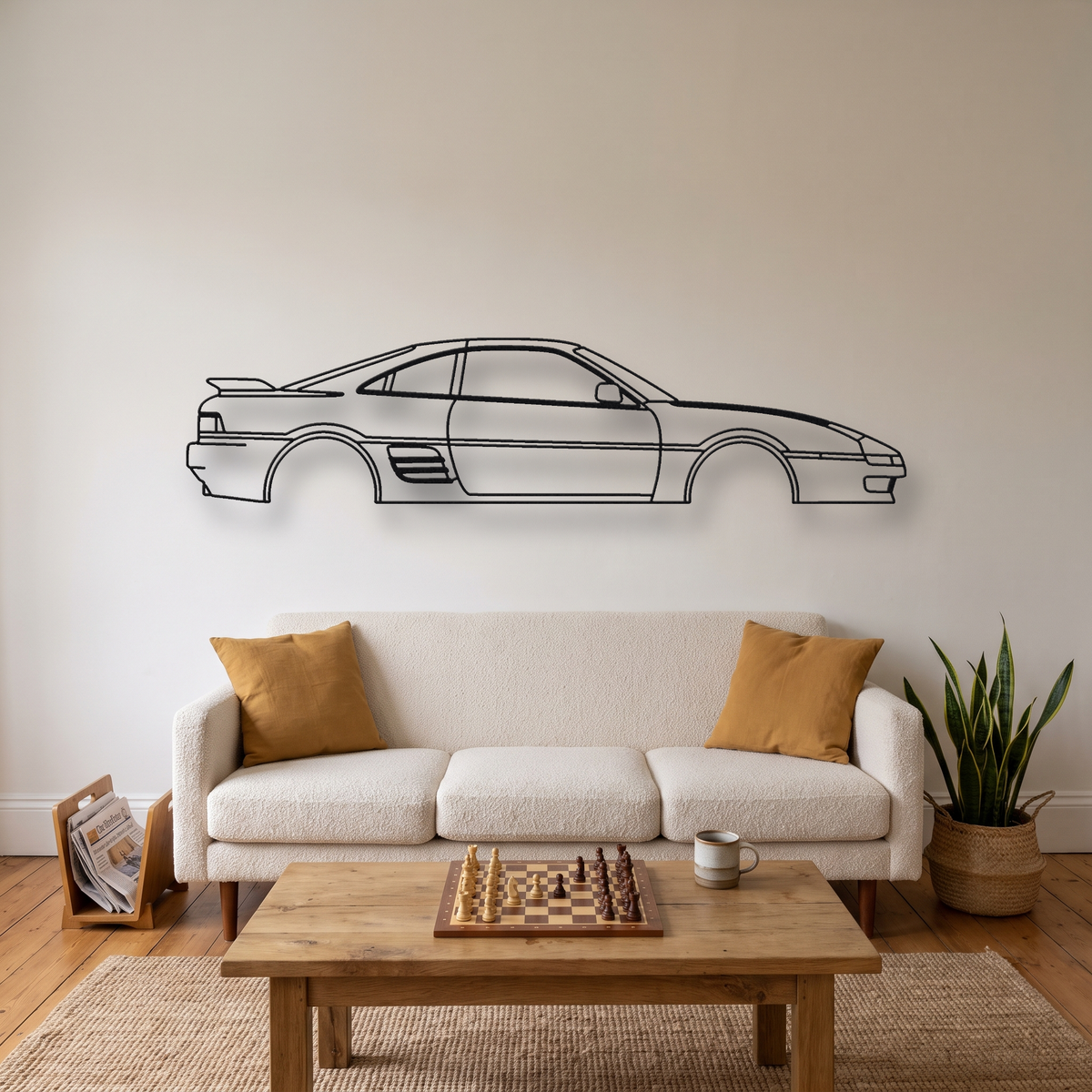 Toyota MR2 SW20 metal wall art silhouette, front view on wall