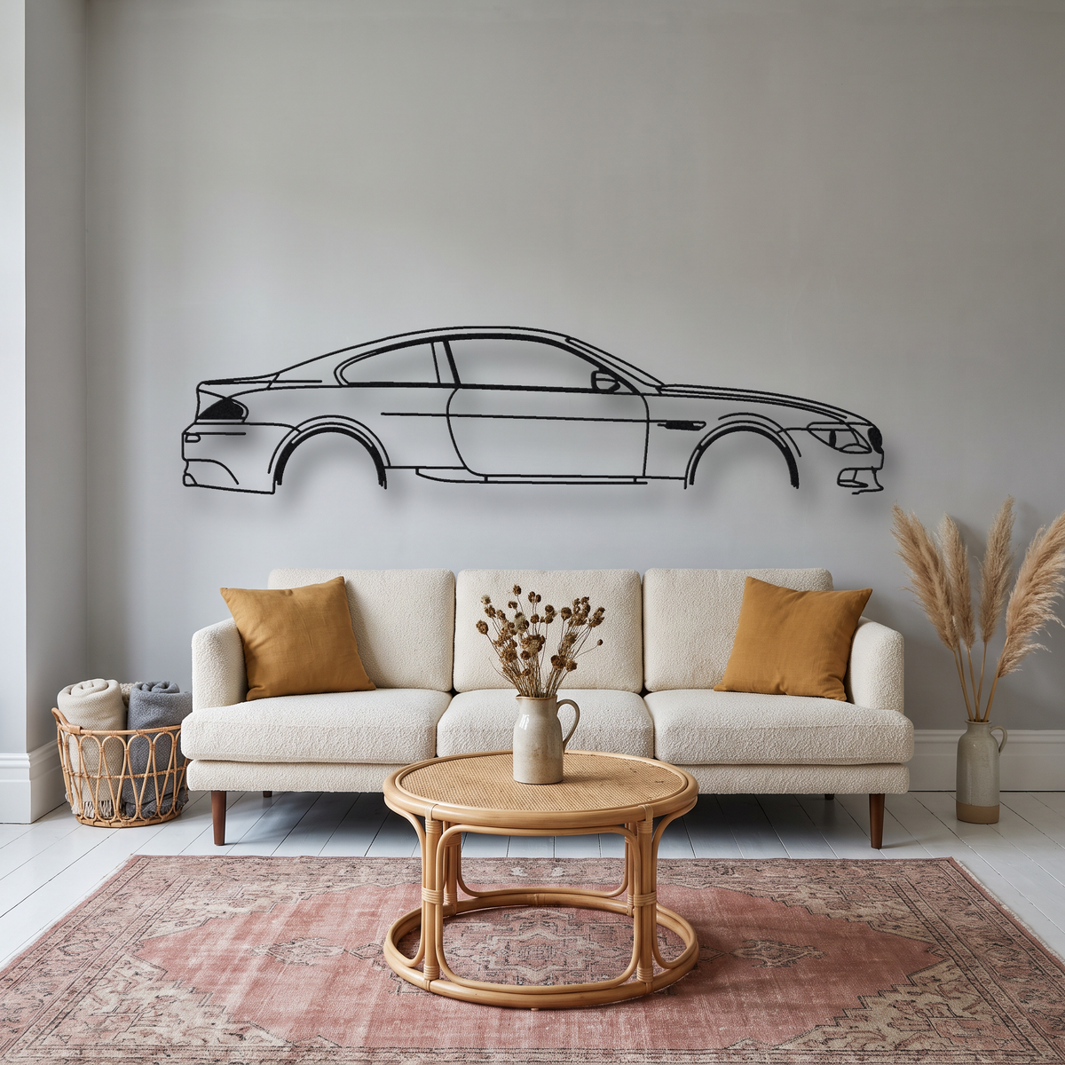 BMW M6 E63 metal wall art silhouette, front view on wall