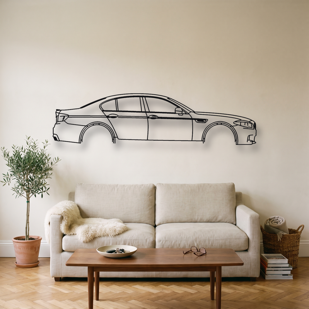 BMW M5 F10 metal wall art silhouette, front view on wall