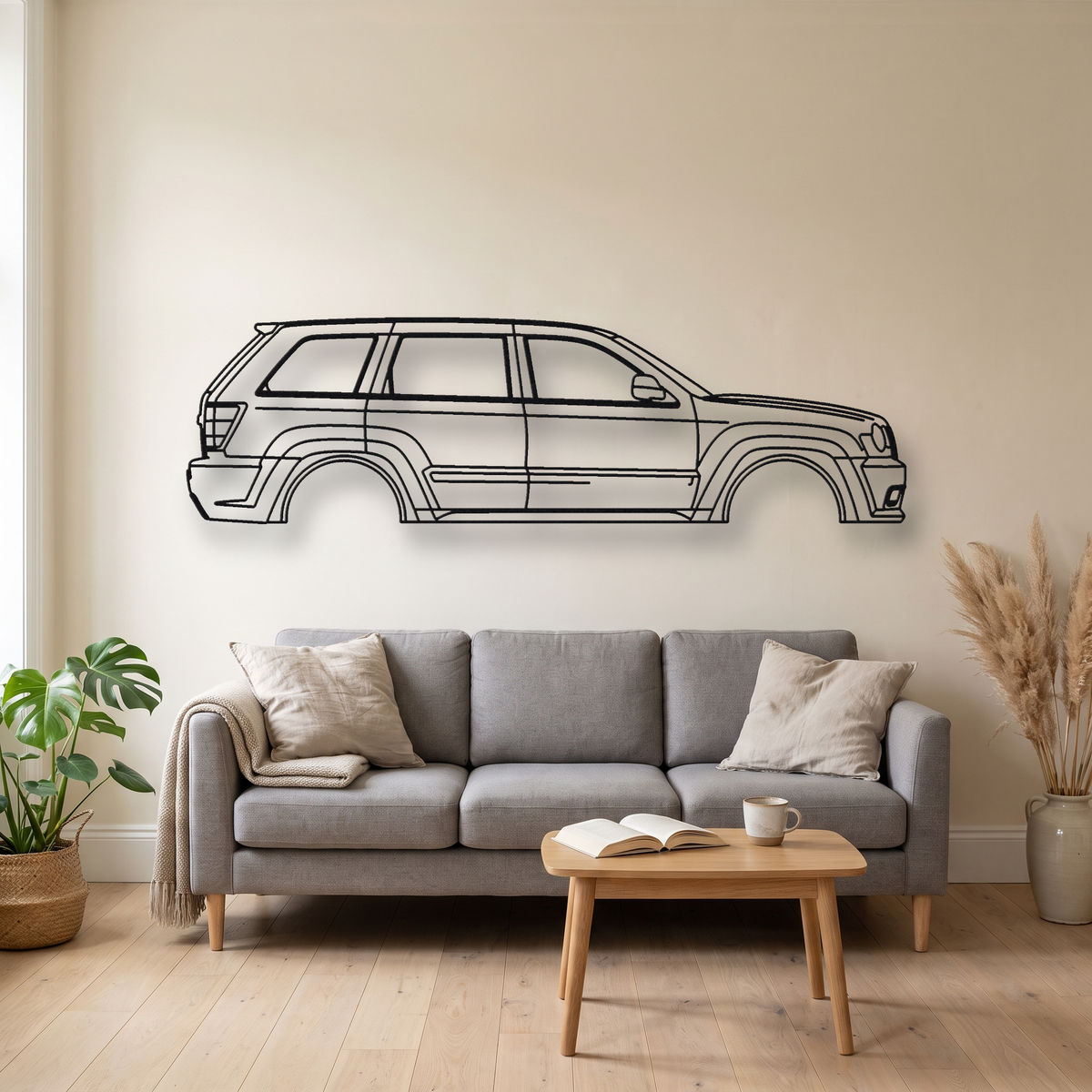 Jeep Grand Cherokee SRT8 WK metal wall art silhouette, front view on wall