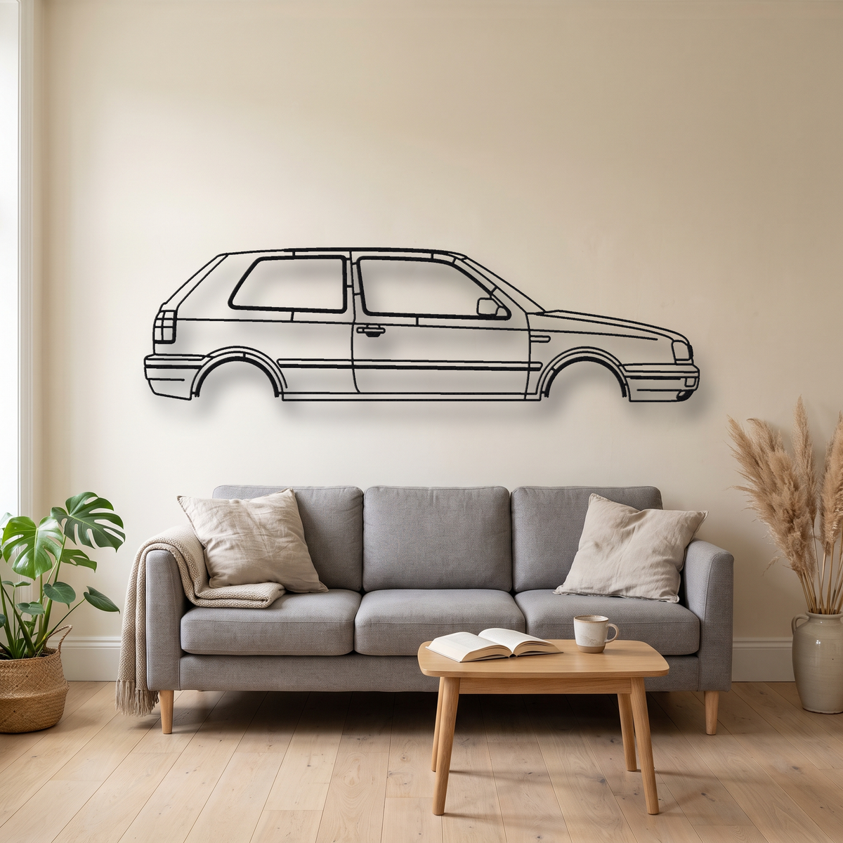 Volkswagen Golf GTI VR6 MK3 metal wall art silhouette, front view on wall