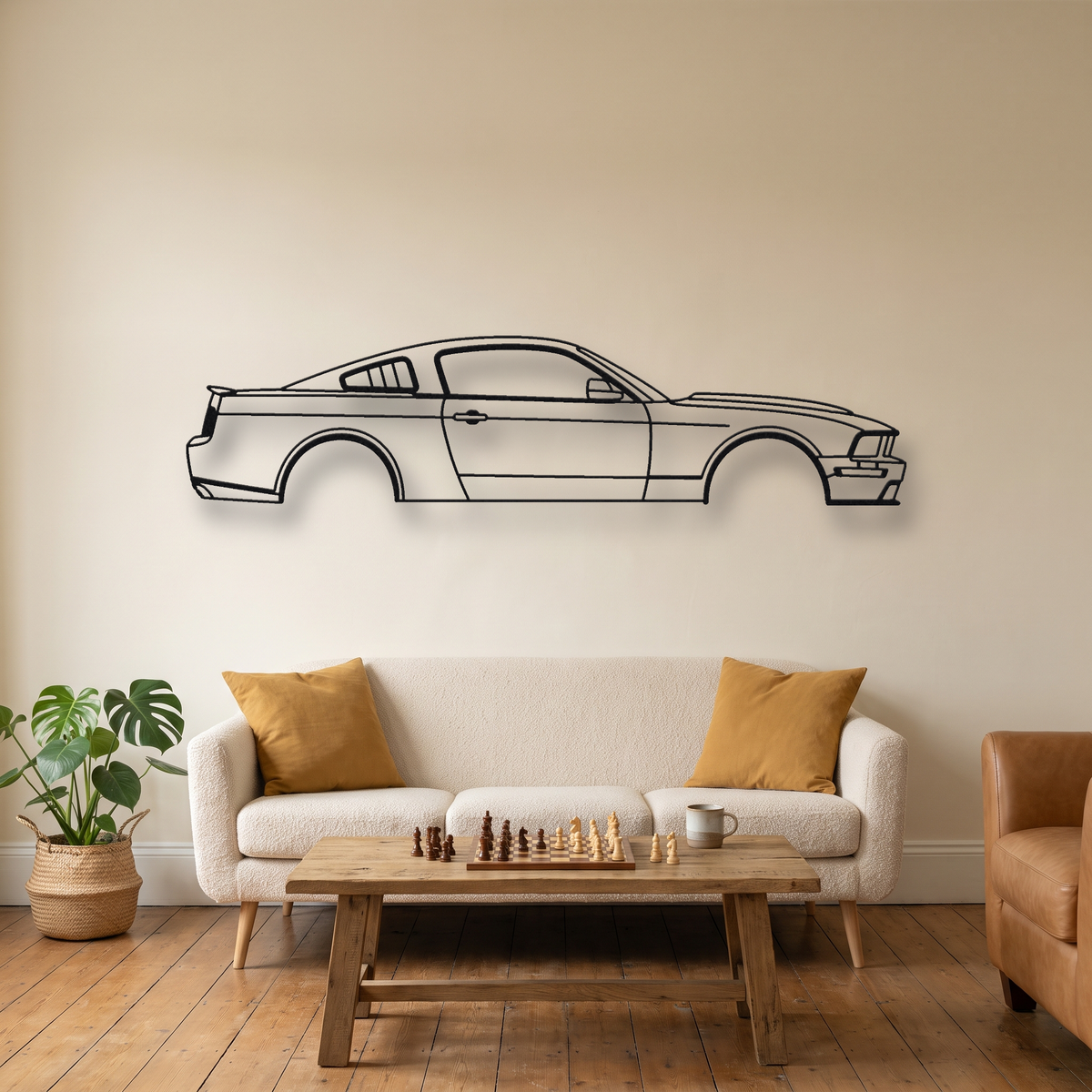 Ford Mustang Bullitt S197 metal wall art silhouette, front view on wall