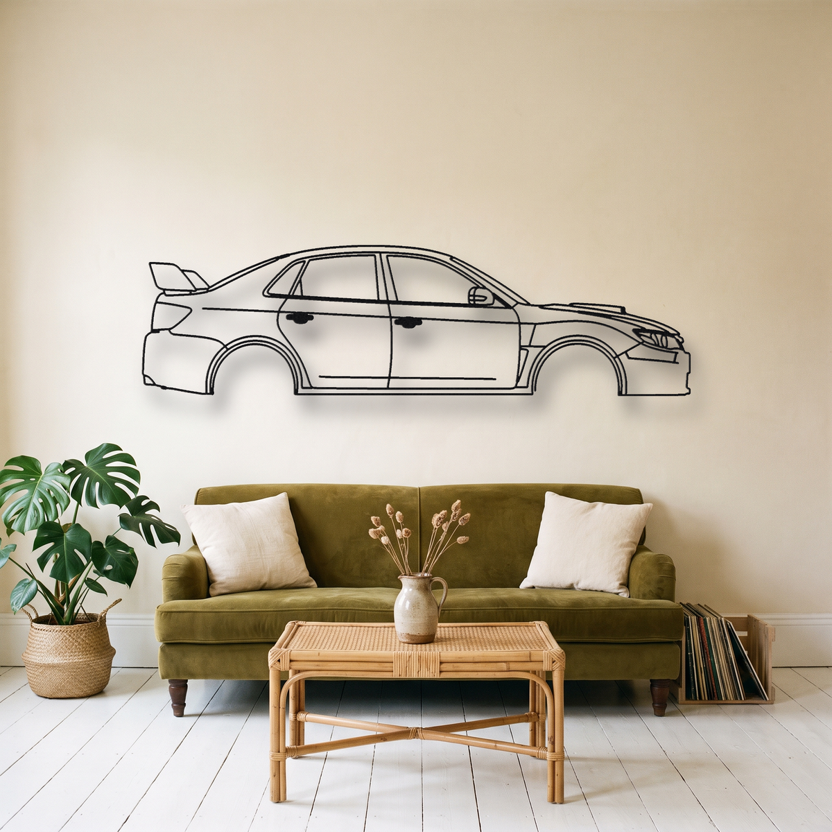 Subaru WRX STI GV metal wall art silhouette, front view on wall