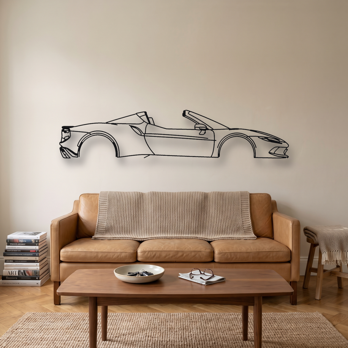 Ferrari 296 GTS metal wall art silhouette, front view on wall